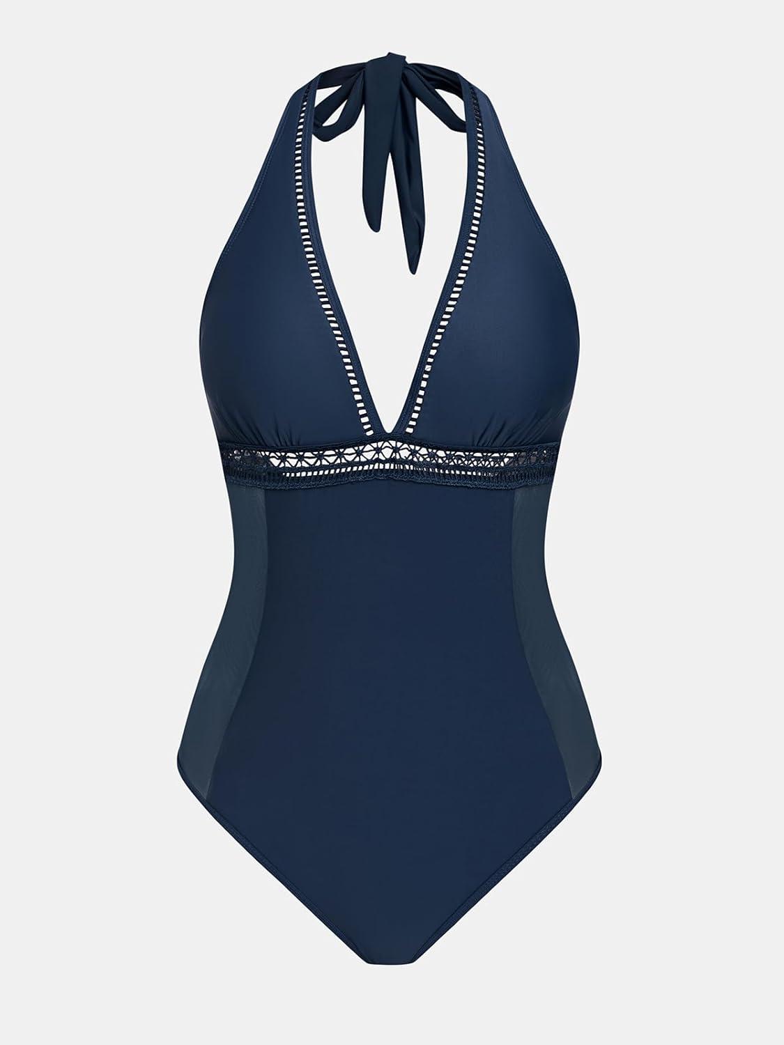 imageCUPSHE Womens One Piece Swimsuit V Neck Bathing Suit Mesh Halter Straps Adjustable Self Tie Swimwear CutoutsNavy Blue