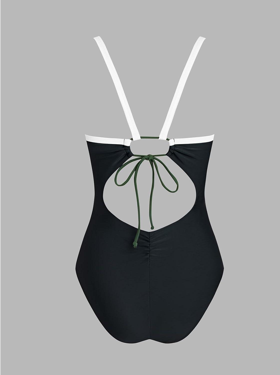 imageCUPSHE Womens One Piece Swimsuit V Neck Bathing Suits Color Block Cutout Ruching Back Self Tie O RingOlive GreenBlack