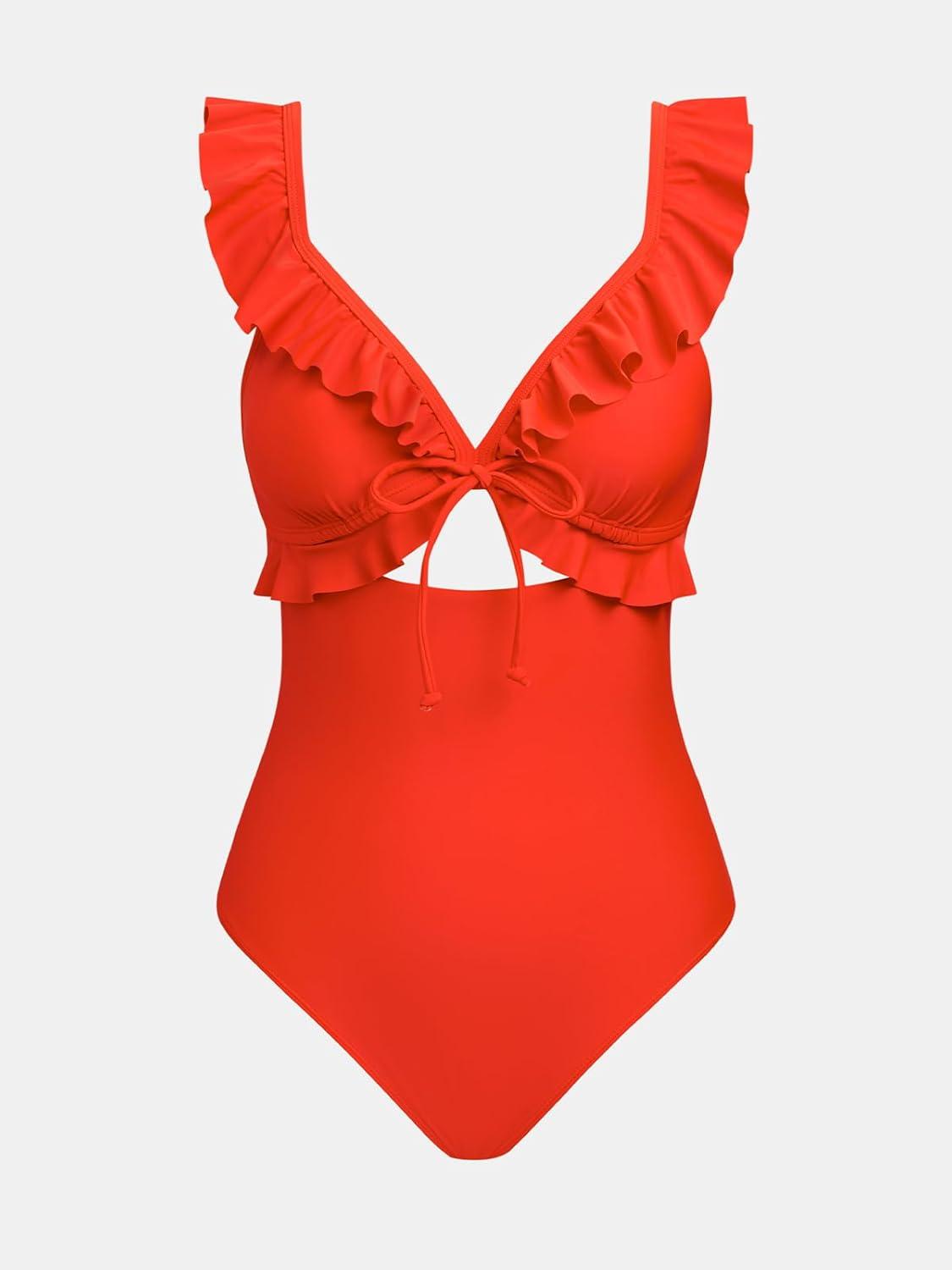 imageCUPSHE Womens One Piece Swimsuit V Neck Cutout Ruffle Adjustable Straps Back Hook Bathing SuitSolid Red