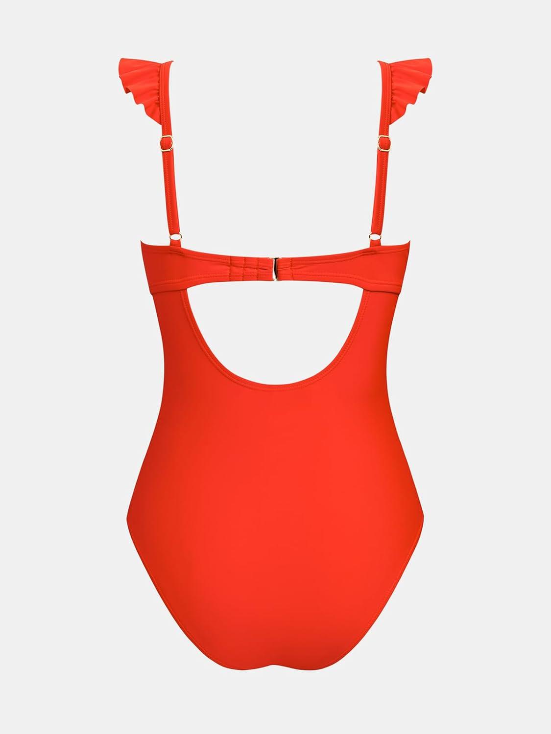 imageCUPSHE Womens One Piece Swimsuit V Neck Cutout Ruffle Adjustable Straps Back Hook Bathing SuitSolid Red