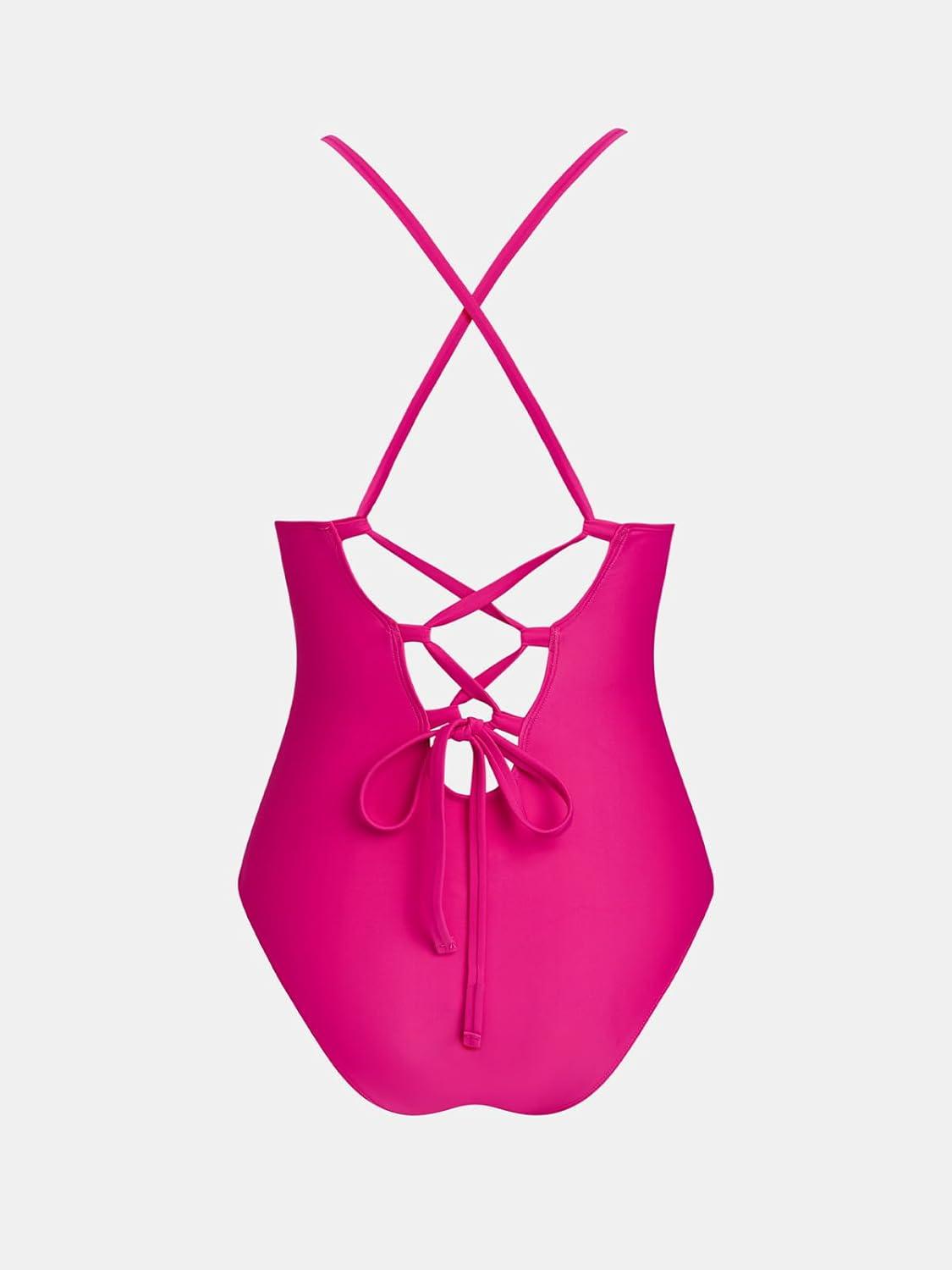 imageCUPSHE Womens One Piece Swimsuit V Neck U Wire Ruffle Bathing Suit Back Self Tie Straps RuchingHot Pink
