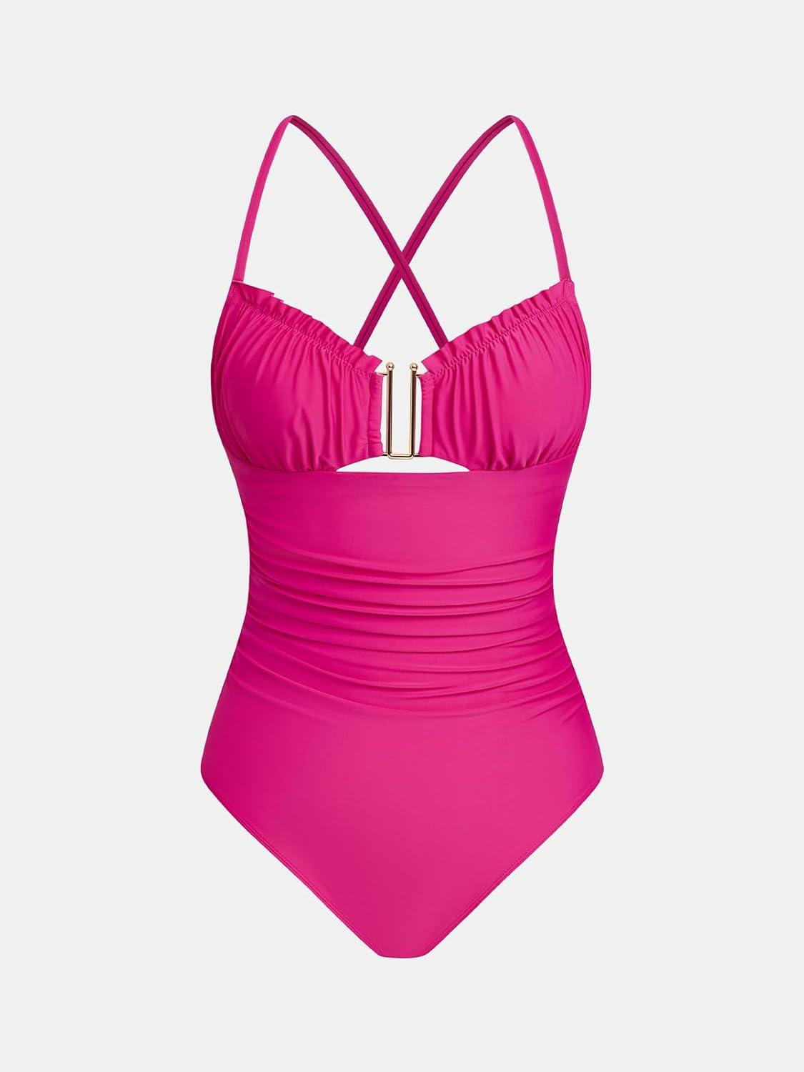 imageCUPSHE Womens One Piece Swimsuit V Neck U Wire Ruffle Bathing Suit Back Self Tie Straps RuchingHot Pink