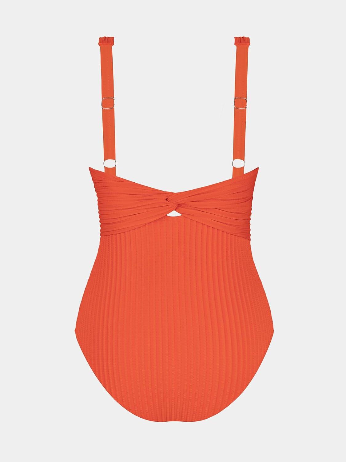 imageCUPSHE Womens One Piece Swimsuit Wide Straps V Neck Ruched Textured Ribbed Twist BackOrange