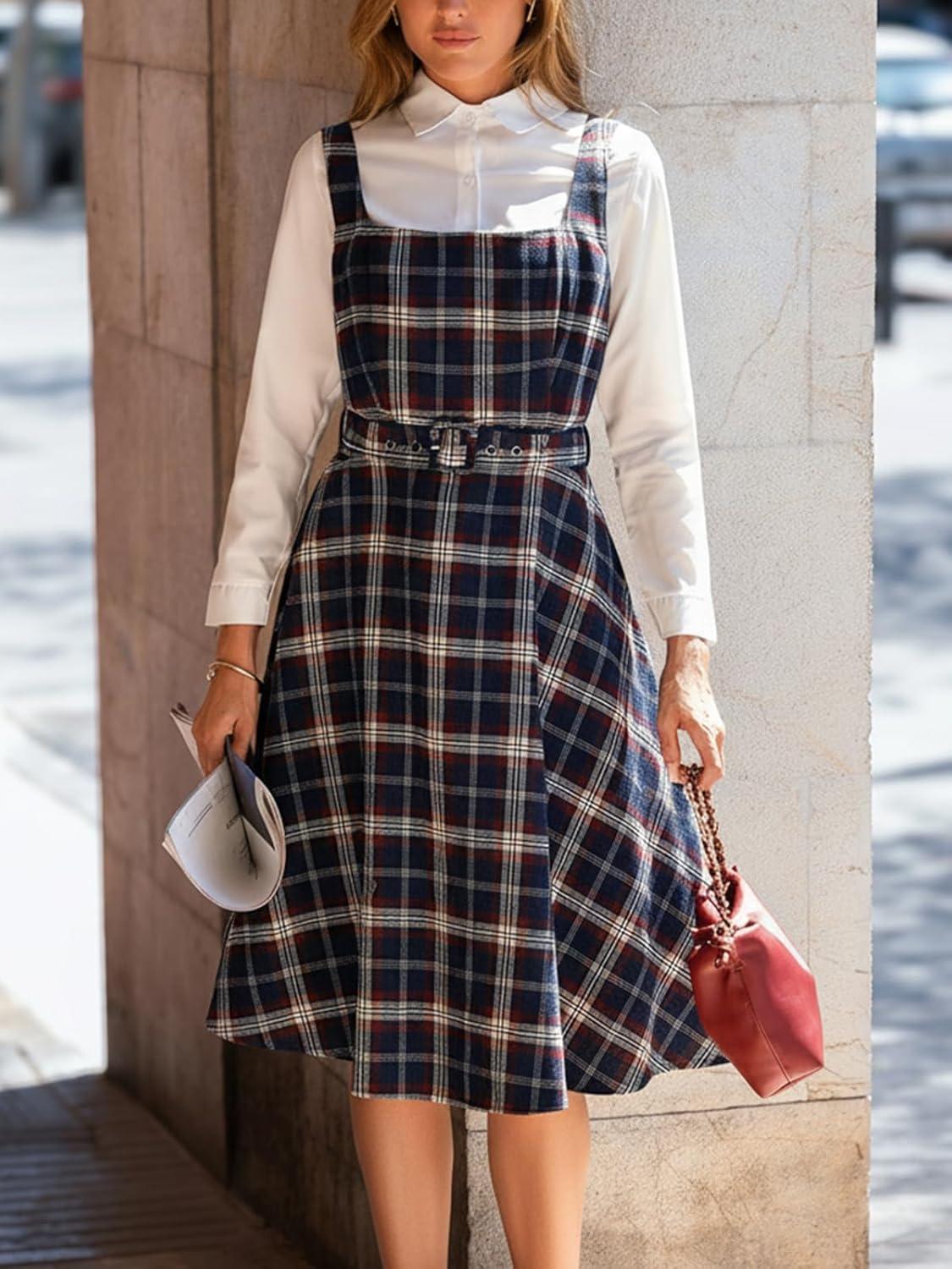 imageCUPSHE Womens Plaid A Line Midi Dress Square Neck Sleeveless Adjustable Belt Casual Fall DressesNavy Blue