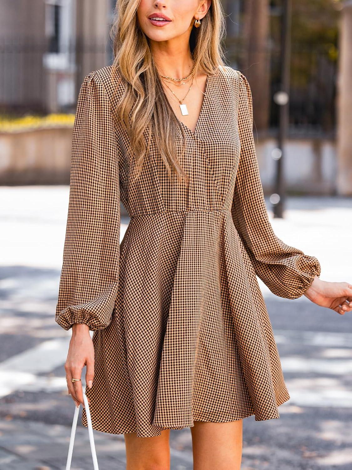 imageCUPSHE Womens Plaid Fall Mini Dress V Neck Puff Sleeve Flowy A Line Ruffled Casual DressesOrange Plaid