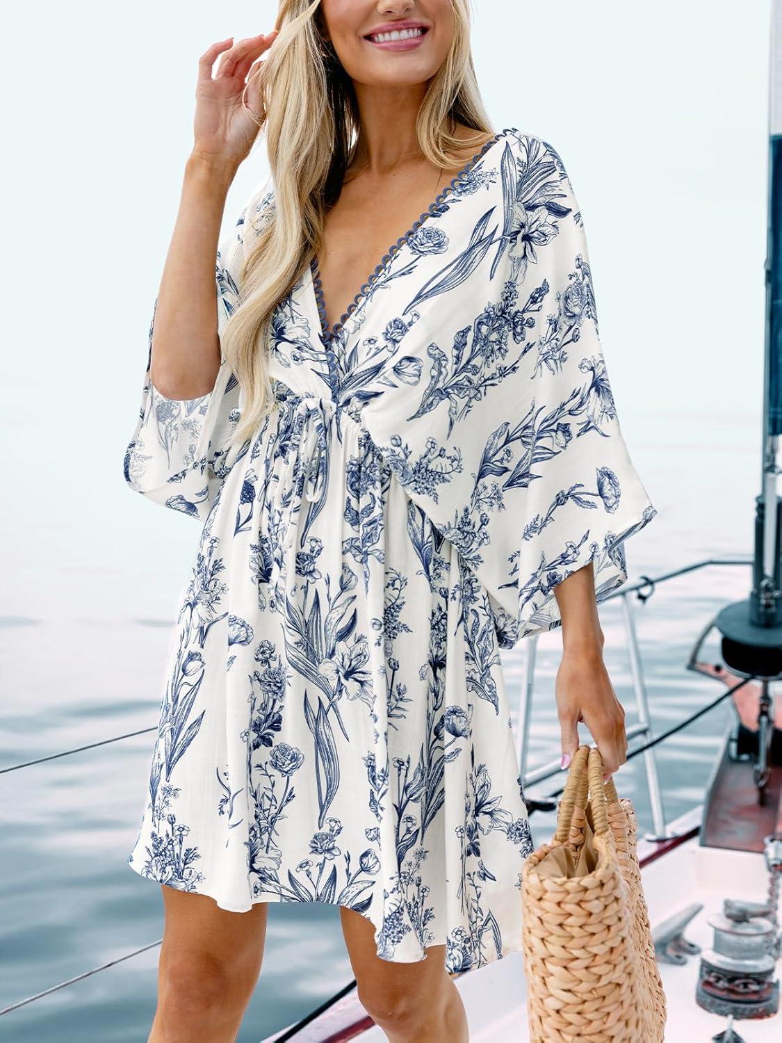 imageCUPSHE Womens Plunging V Neck Backless Beach Dress Paisley Boho Blouson Sleeve Back Tie Waist Tie Mini Summer DressesBlue