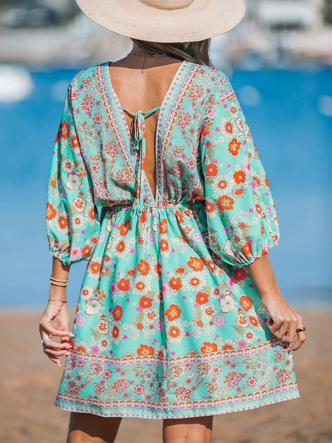 imageCUPSHE Womens Plunging V Neck Backless Beach Dress Paisley Boho Blouson Sleeve Back Tie Waist Tie Mini Summer DressesTeal