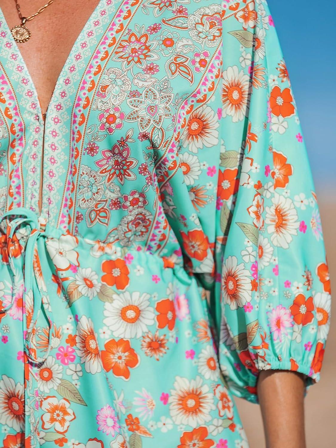 imageCUPSHE Womens Plunging V Neck Backless Beach Dress Paisley Boho Blouson Sleeve Back Tie Waist Tie Mini Summer DressesTeal