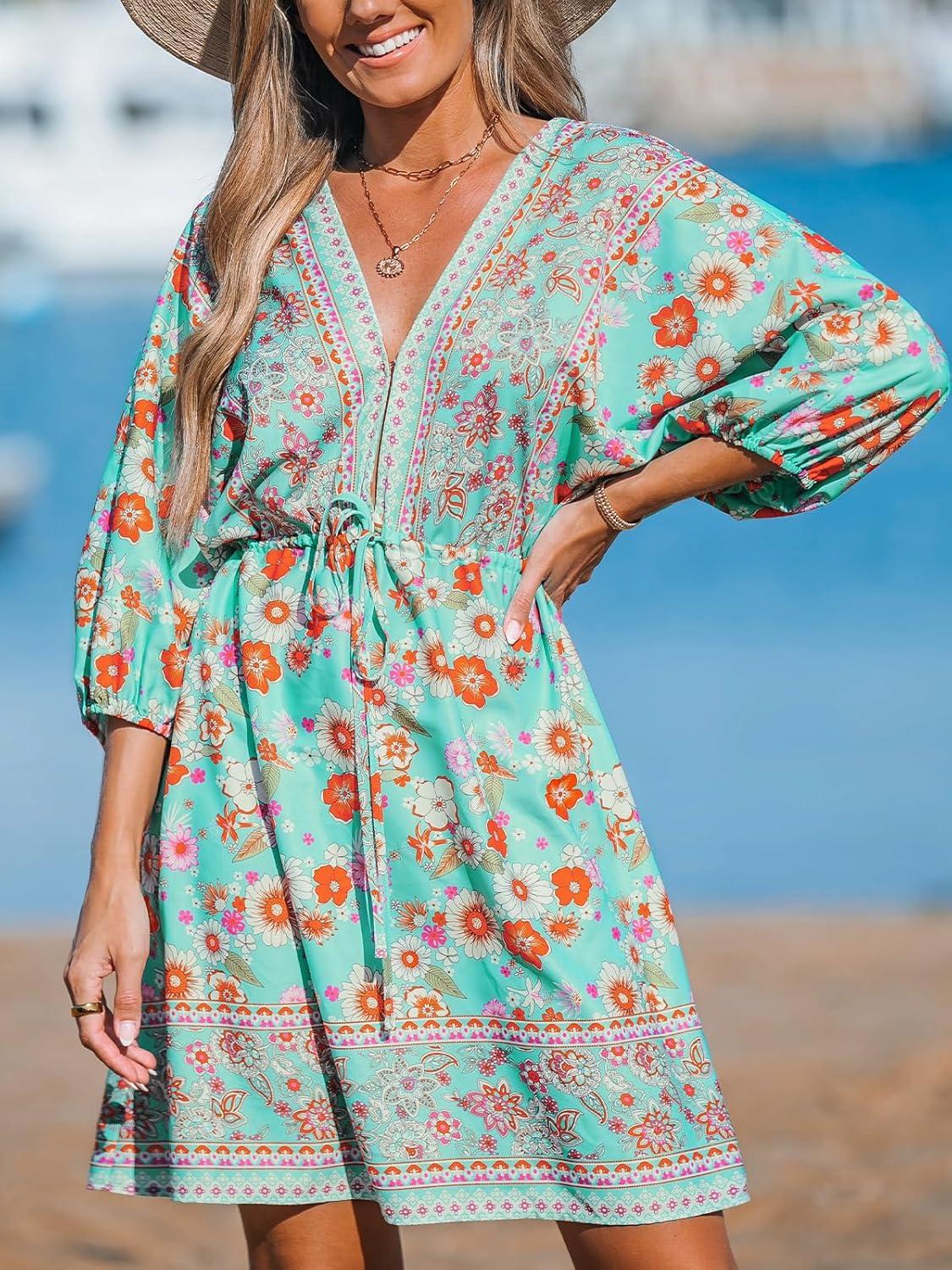 imageCUPSHE Womens Plunging V Neck Backless Beach Dress Paisley Boho Blouson Sleeve Back Tie Waist Tie Mini Summer DressesTeal