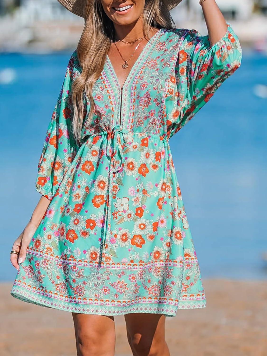 imageCUPSHE Womens Plunging V Neck Backless Beach Dress Paisley Boho Blouson Sleeve Back Tie Waist Tie Mini Summer DressesTeal