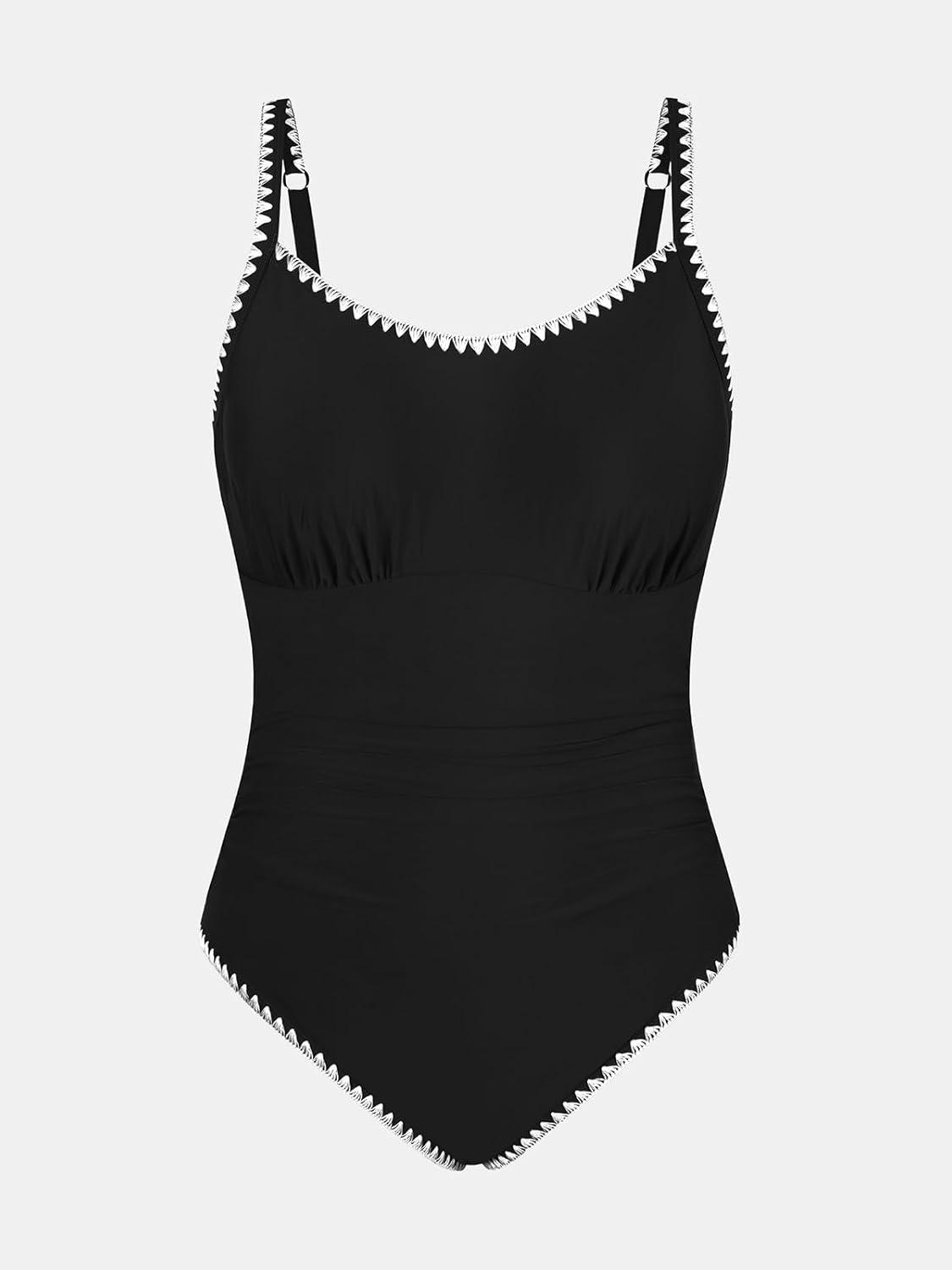 imageCUPSHE Womens Plus Size One Piece Swimsuit Curvy Shell Stitched Bathing Suit Tummy Control Ruched Scoop Neck SwimwearBlack