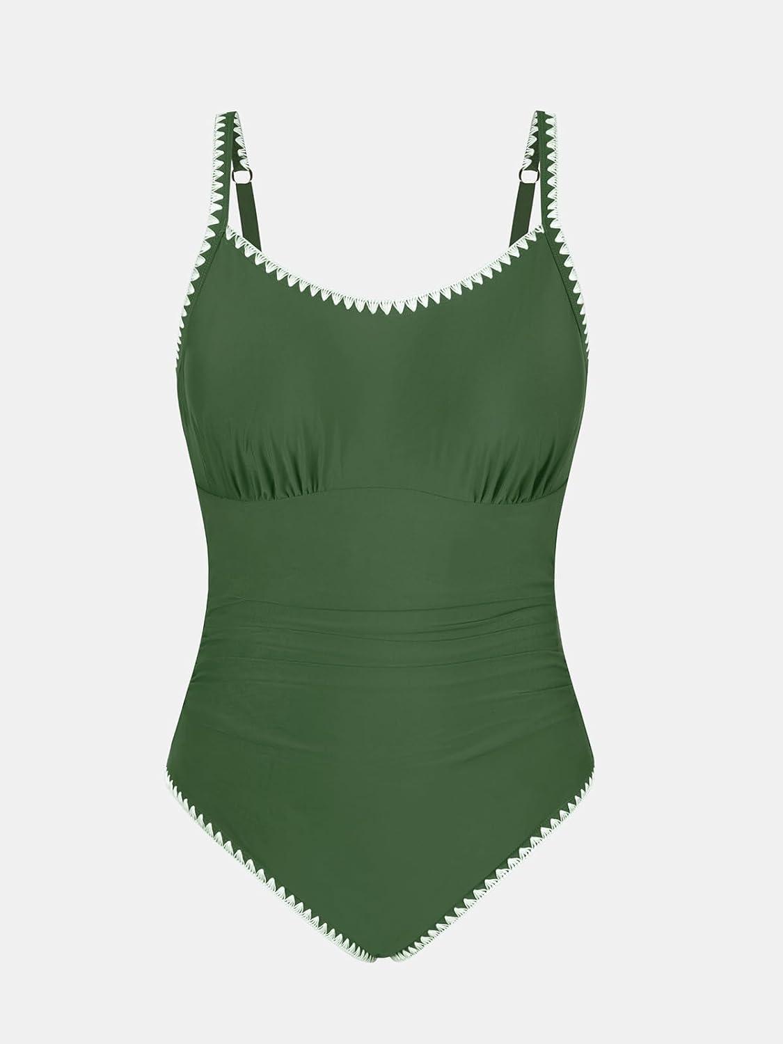 imageCUPSHE Womens Plus Size One Piece Swimsuit Curvy Shell Stitched Bathing Suit Tummy Control Ruched Scoop Neck SwimwearDeep Green