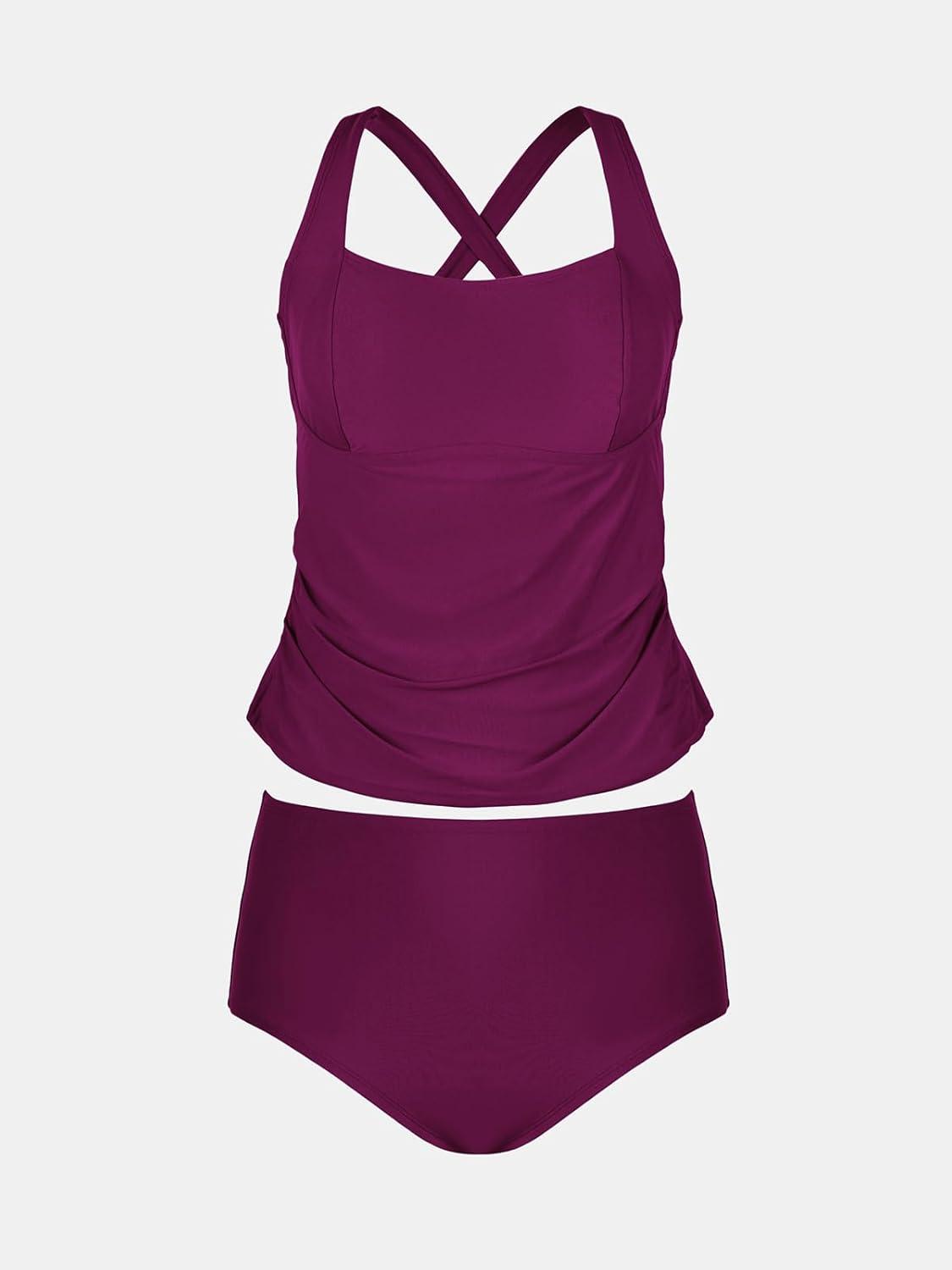 imageCUPSHE Womens Plus Size Tankini Sets Scoop Neck Two Piece Swimsuits Crisscross Back Strappy AdjustableFuchsia Red