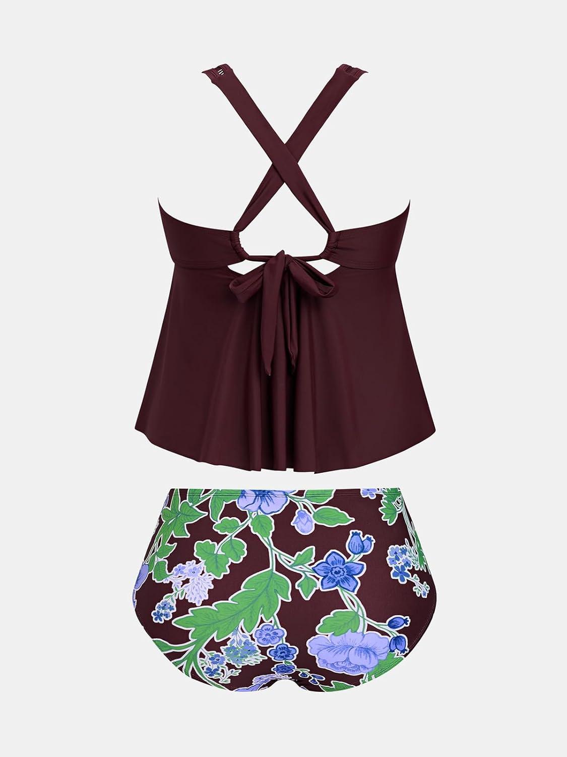 imageCUPSHE Womens Plus Size Tankini Sets V Neck Two Piece Swimsuits Adjustable Wide Straps Mid Rise Self TiedPurpleFloral