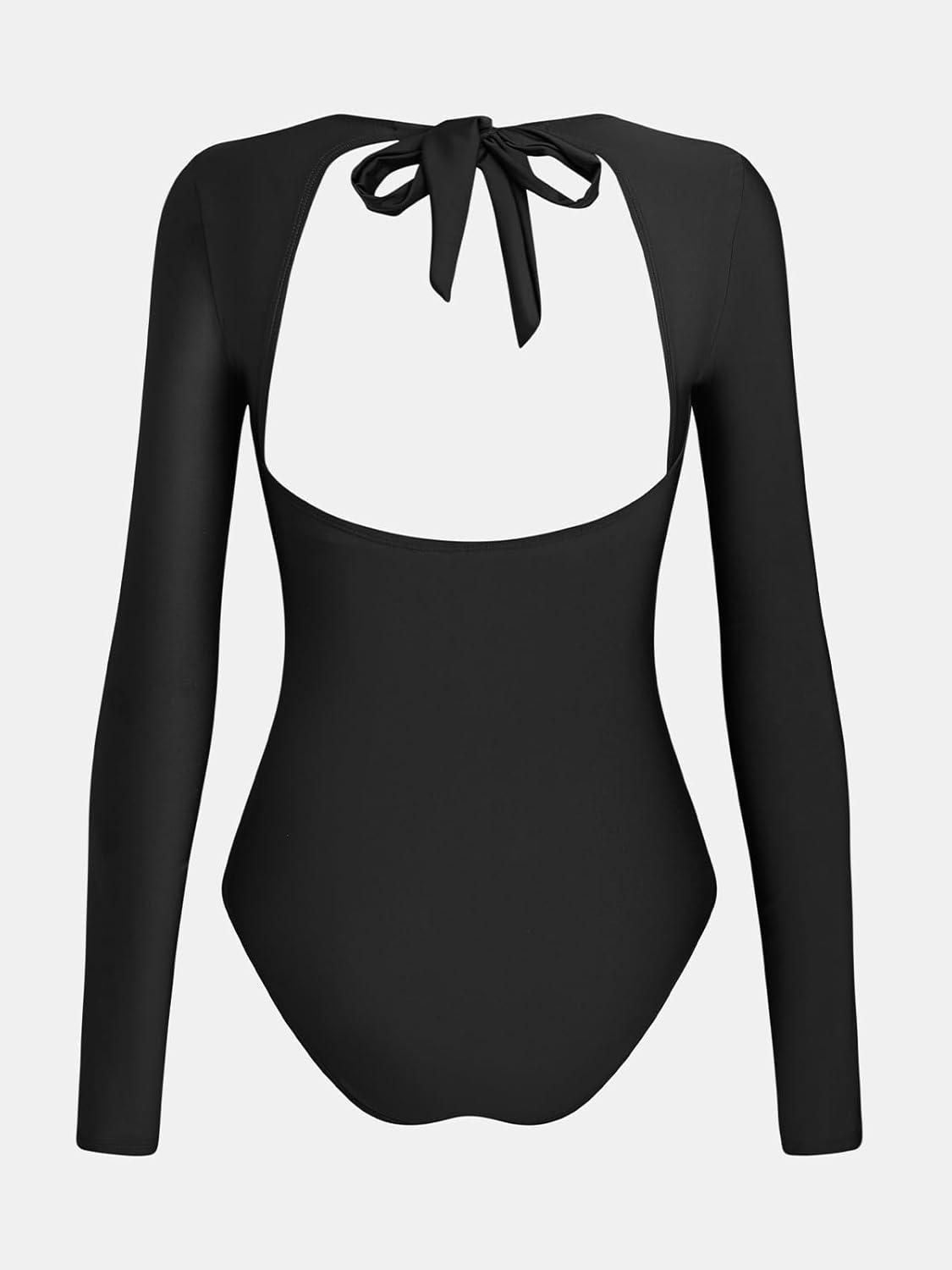 imageCUPSHE Womens Rash Guard Long Sleeve One Piece Swimsuit Square Neck Open Back Tie ScallopedBlack