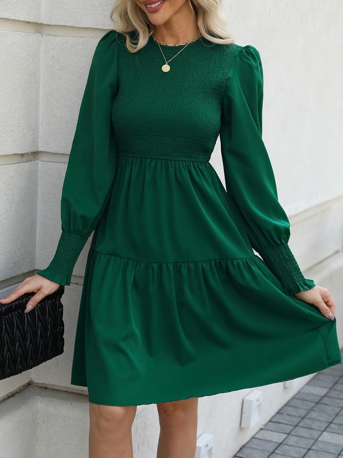 imageCUPSHE Womens Round Neck Emerald Green Smocked Long Sleeve Mini Dress Ruffled Hem Casual A Line Short DressEmerald Green
