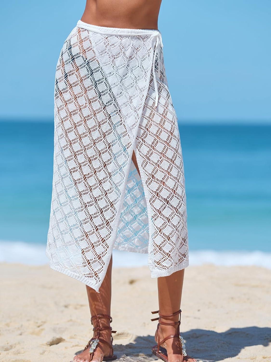 imageCUPSHE Womens Sarong Coverups Crochet Knit Beach Skirt Self Tie Swimwear Midi Wrap SkirtsWhite