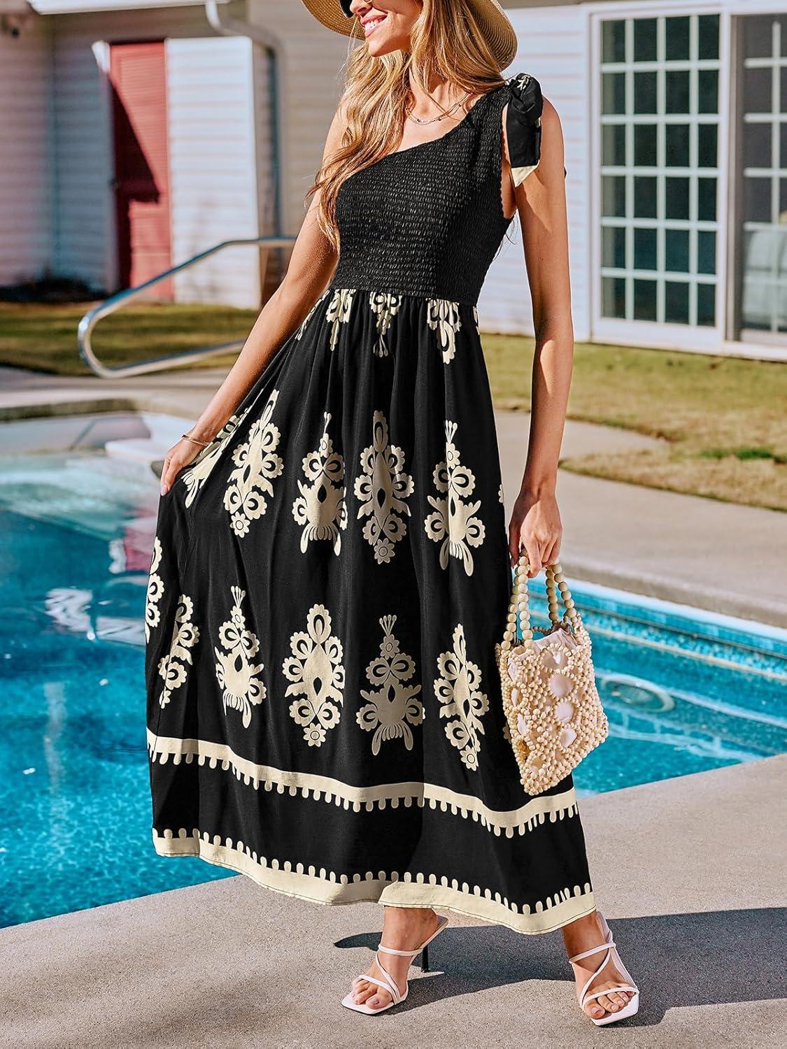 imageCUPSHE Womens Smocked One Shoulder Summer Dresses Sleeveless Vacation Maxi Dress Long Beach SundressBlack