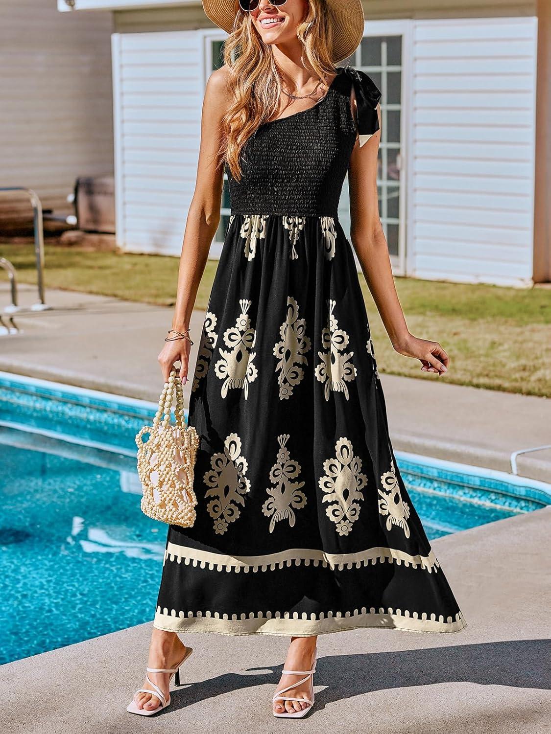 imageCUPSHE Womens Smocked One Shoulder Summer Dresses Sleeveless Vacation Maxi Dress Long Beach SundressBlack