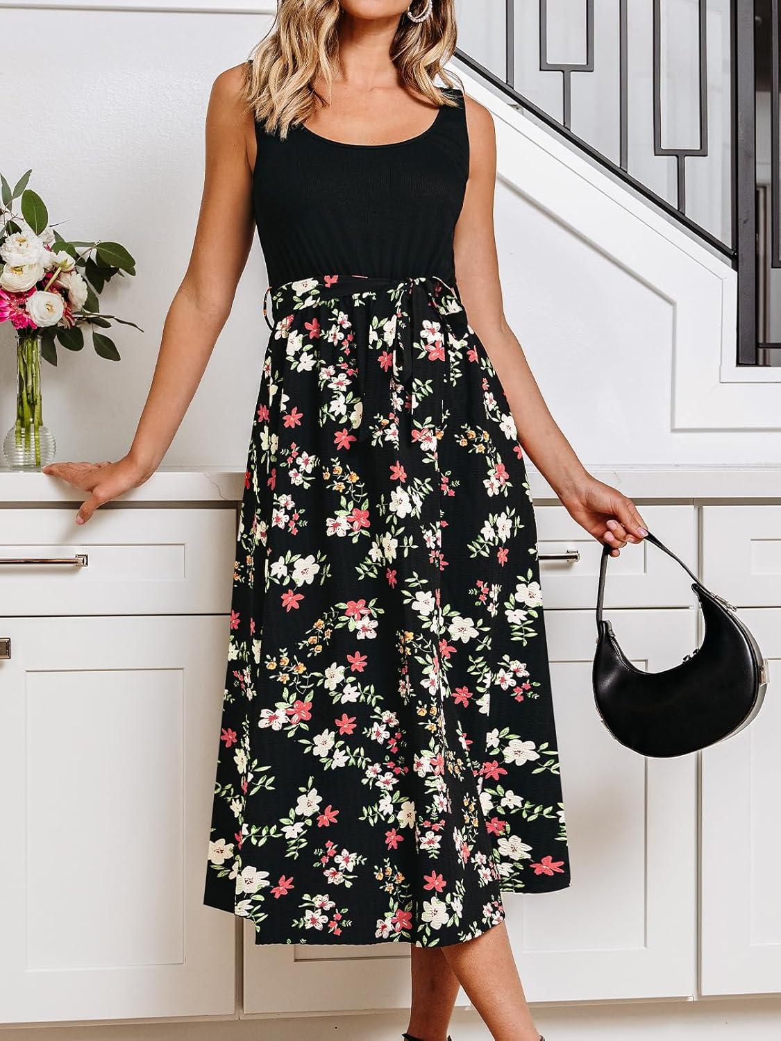 imageCUPSHE Womens Summer Dresses Floral Tie Back Backless Square Neck Elastic Waist Midi DressBlack Floral