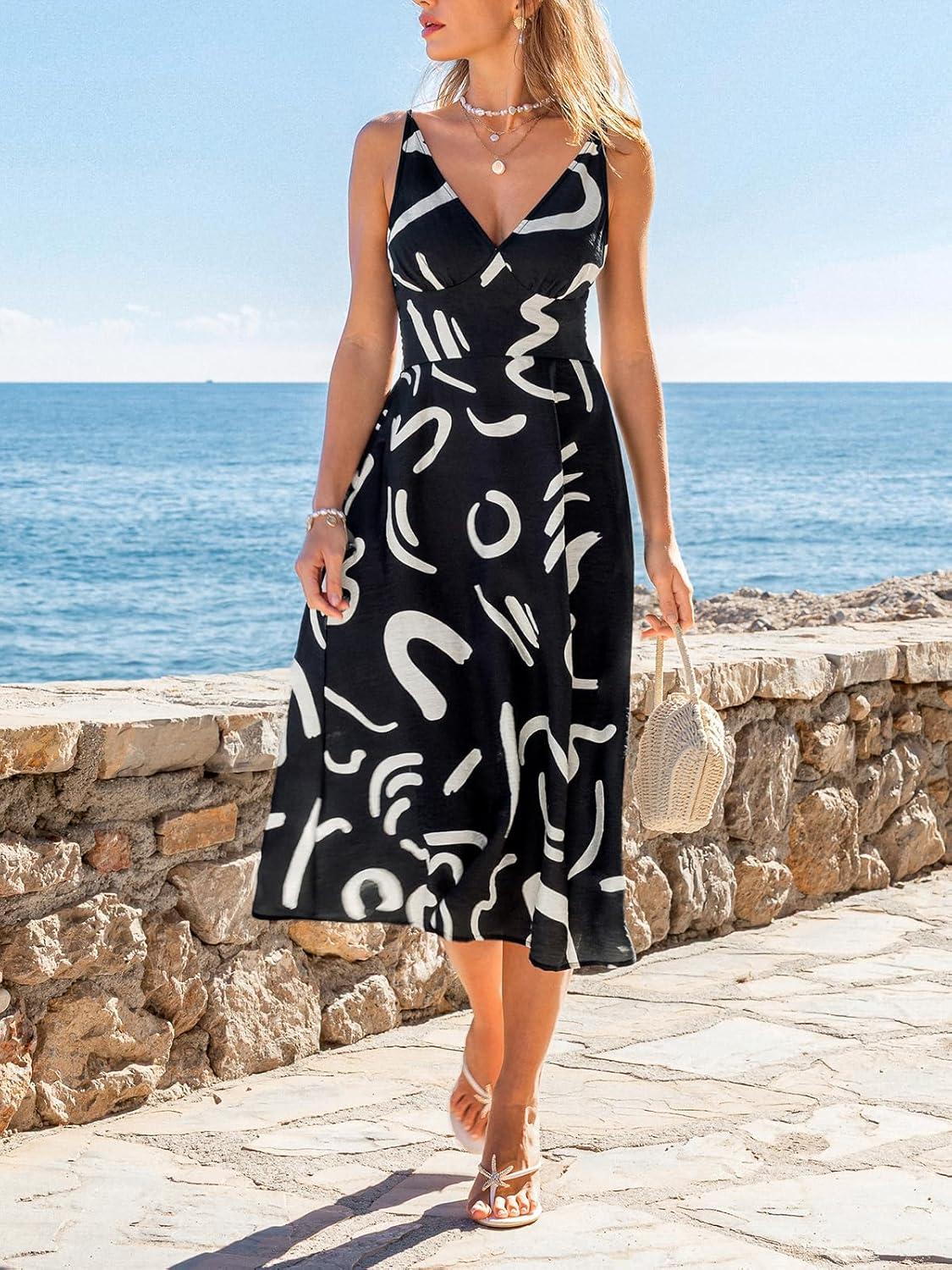 imageCUPSHE Womens Summer Midi Dresses V Neck Sleeveless Abstract Spaghetti Strap A Line Sundress Beach Vacation Casual DressBlack Abstract