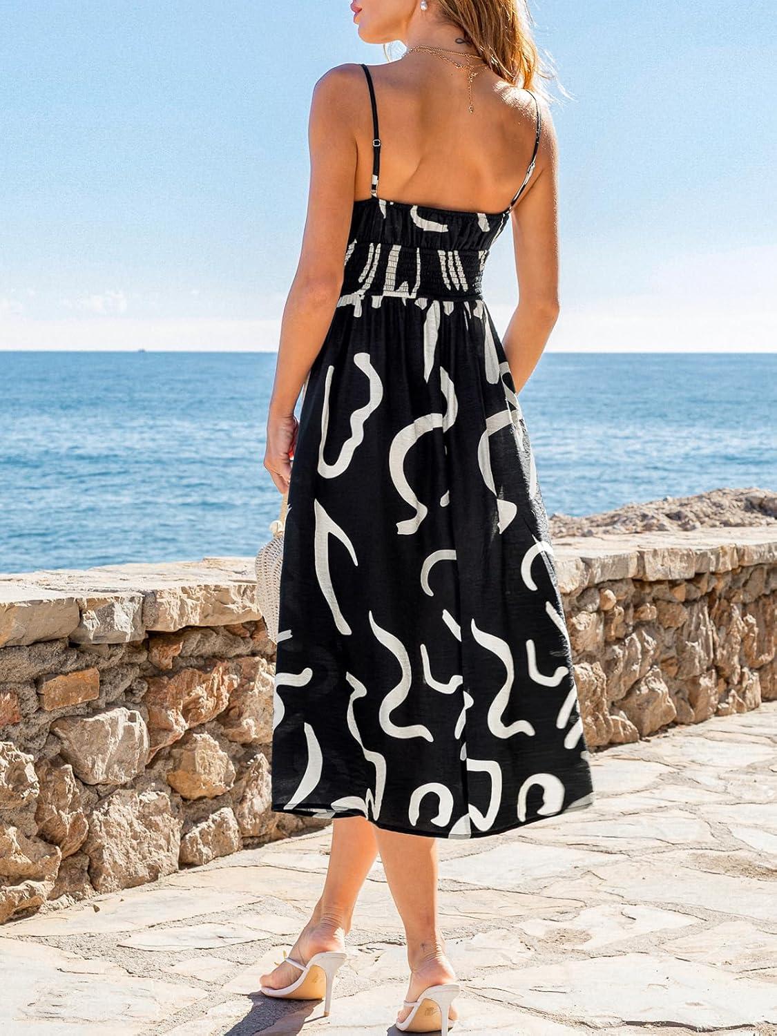 imageCUPSHE Womens Summer Midi Dresses V Neck Sleeveless Abstract Spaghetti Strap A Line Sundress Beach Vacation Casual DressBlack Abstract
