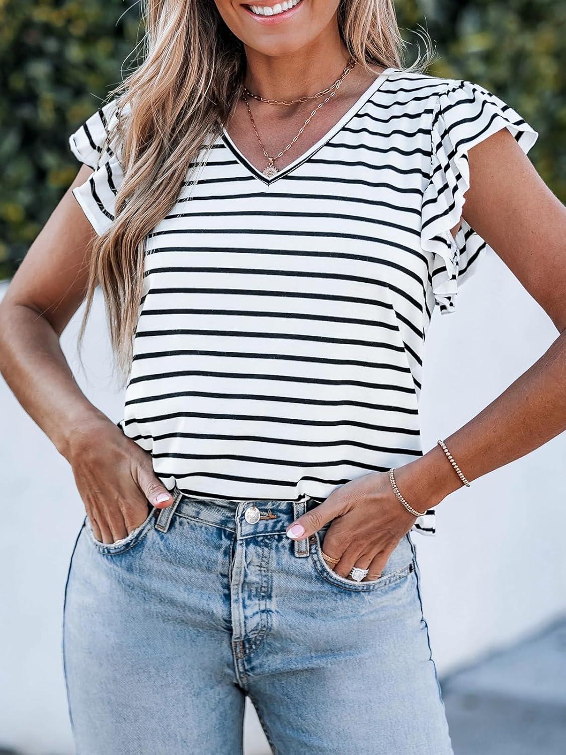 imageCUPSHE Womens Summer Striped Blouse Knit V Neck Cap Ruffle Short Sleeves Dressy Work Tops ShirtWhite