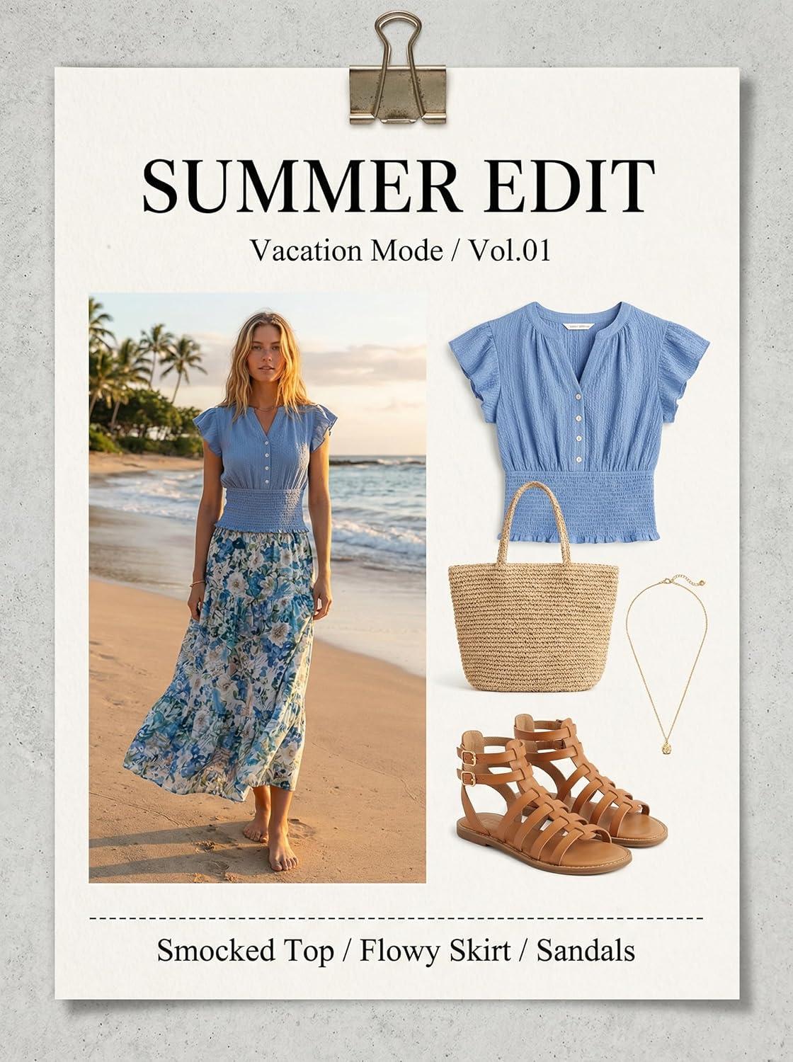 imageCUPSHE Womens Summer Tops Smocked Puff Sleeve VNeck Henley Shirts Trendy Button Down BlousesBlue