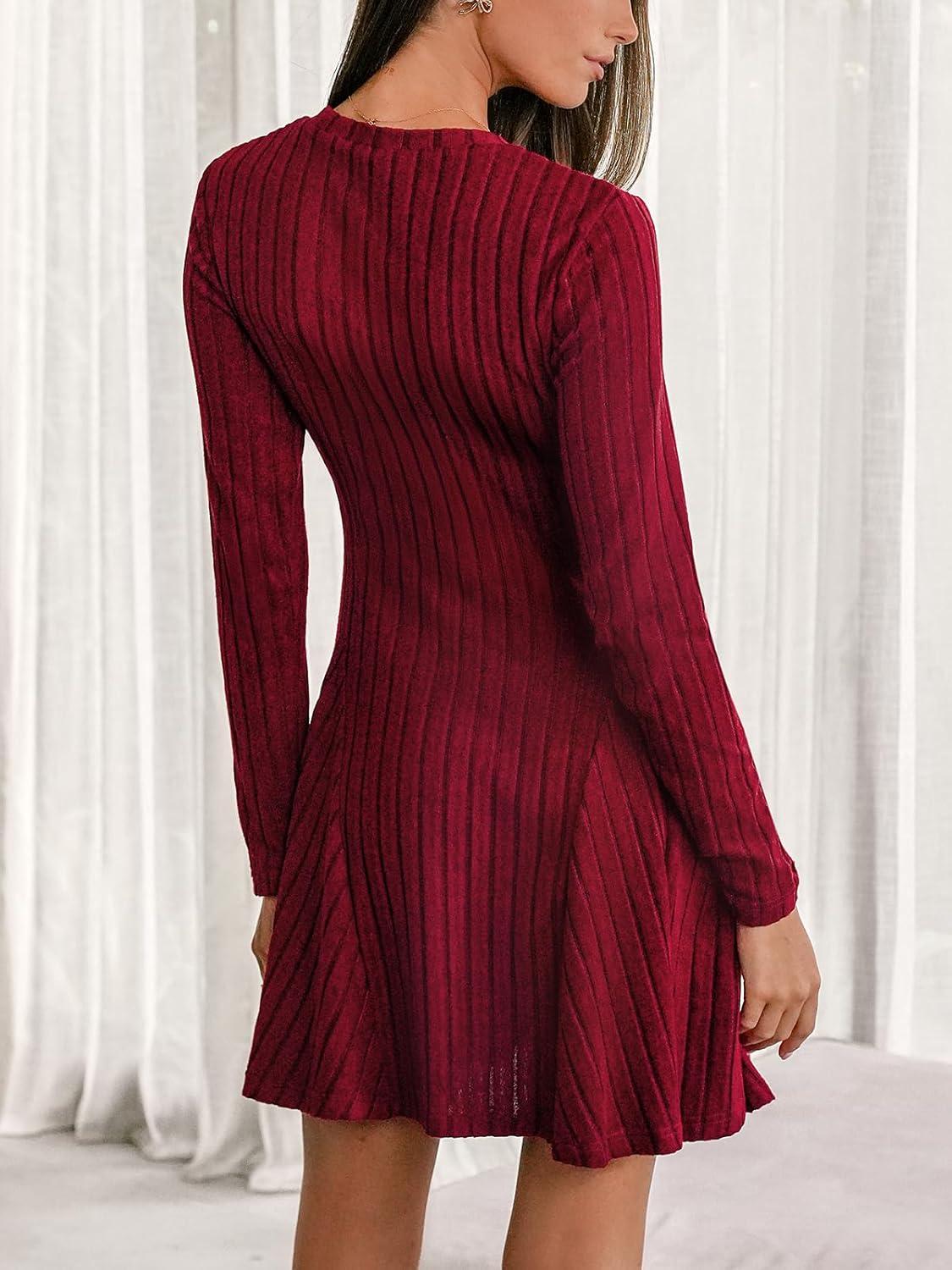 imageCUPSHE Womens Sweater Mini Dresses Casual Long Sleeve ALine Crew Neck Ribbed Knit Dress Cocktail Wedding GuestRed