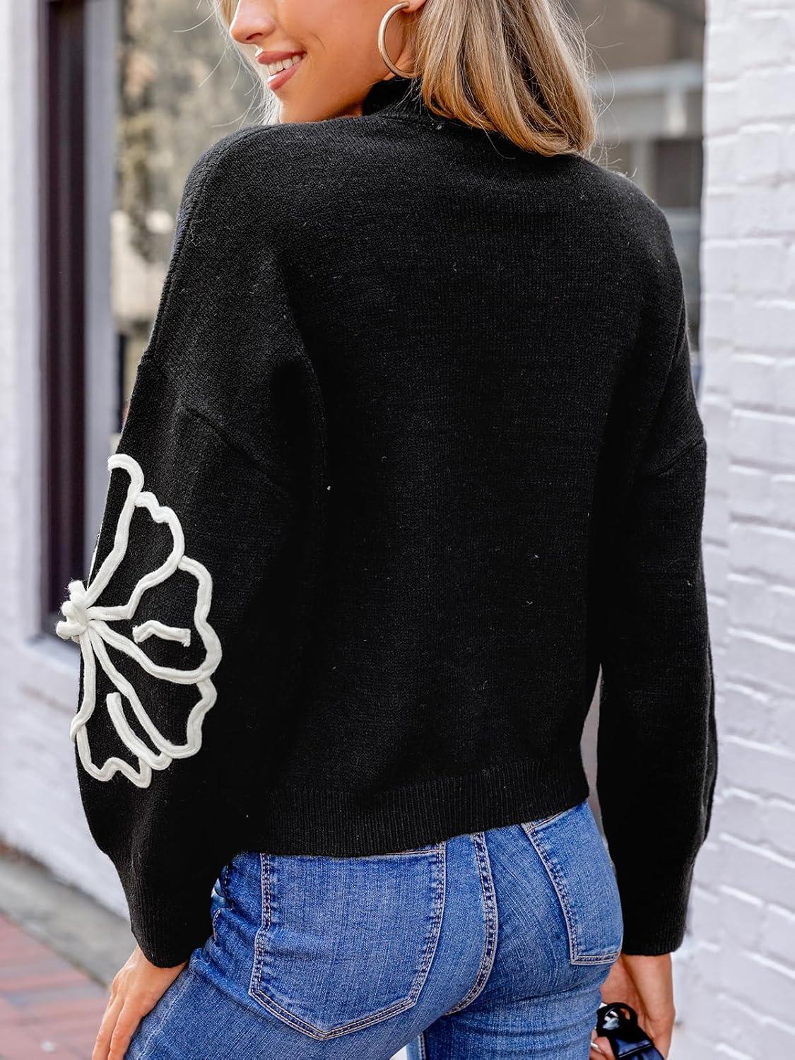 imageCUPSHE Womens Sweaters Mock Neck Long Sleeve Sweater Floral Lightweight Knit Pullover Sweater Tops TopsBlack