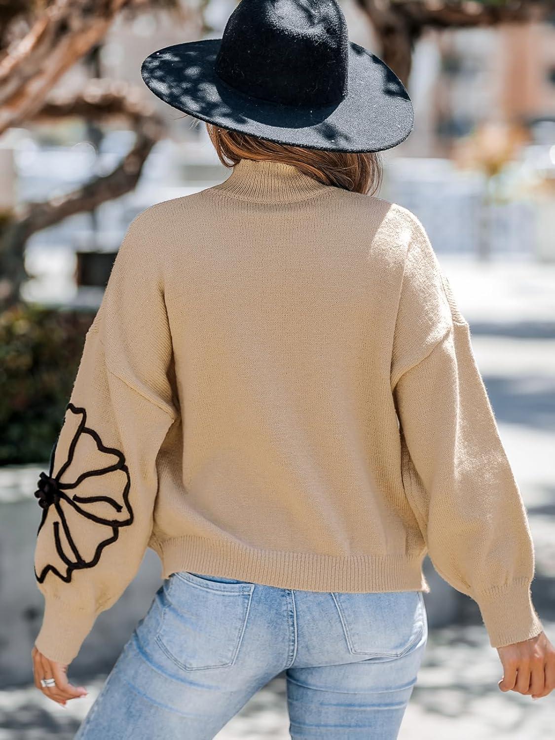 imageCUPSHE Womens Sweaters Mock Neck Long Sleeve Sweater Floral Lightweight Knit Pullover Sweater Tops TopsKhaki