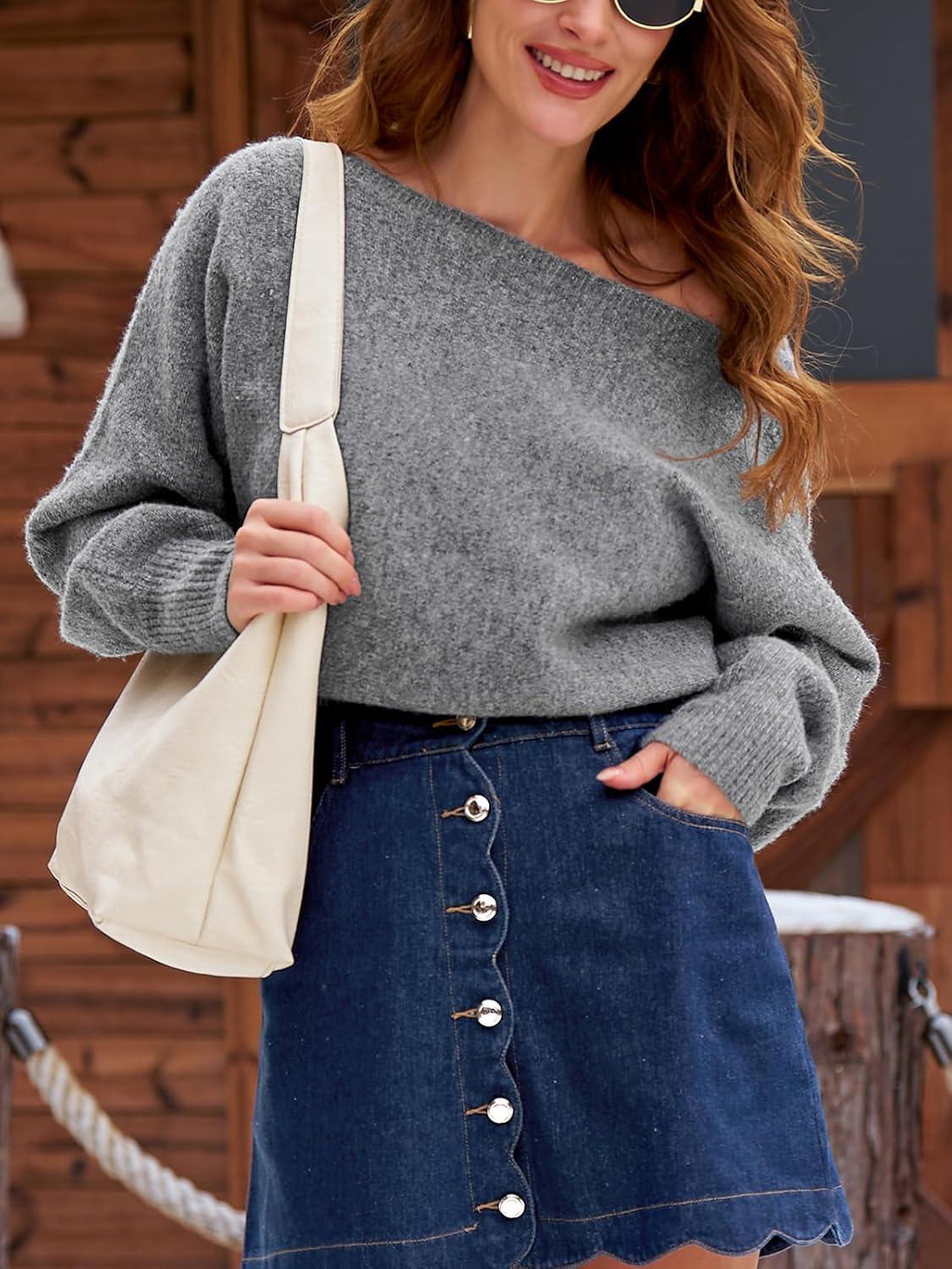 imageCUPSHE Womens Sweaters Off Shoulder Long Sleeve Boat Neck Trendy Sweater Top for 2025Grey