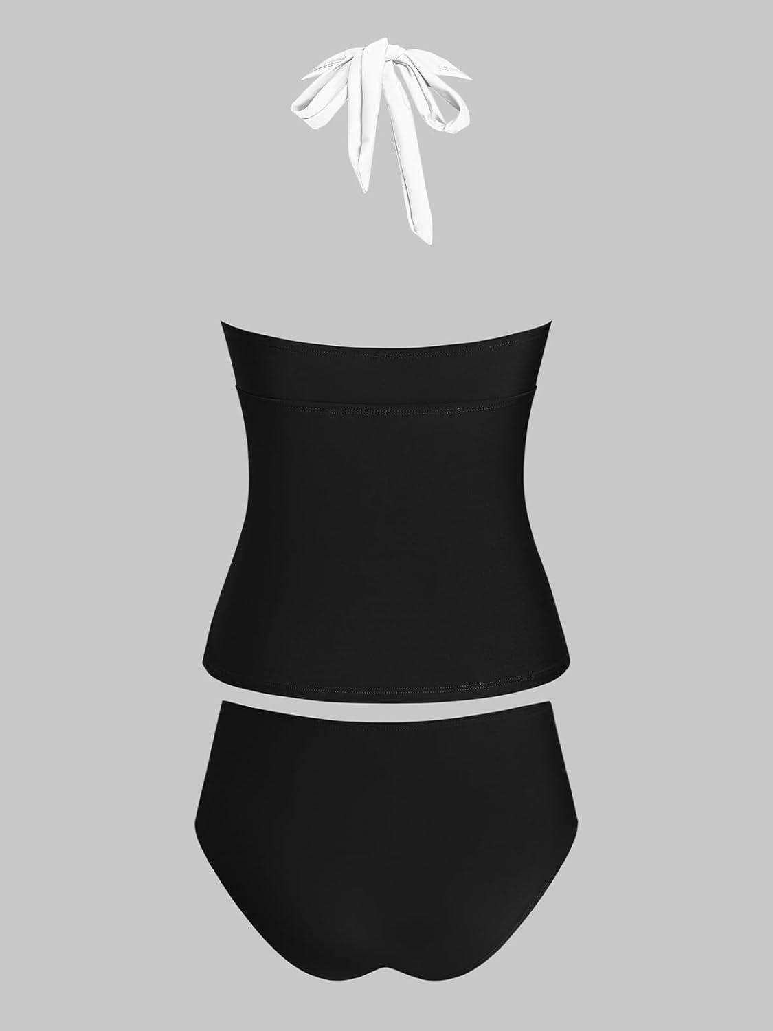 imageCUPSHE Womens Tankini Sets Halter Neck Self Tie Two Piece Swimsuit Adjustable Strappy Color Block Ruched SwimwearBlack White Colorblock