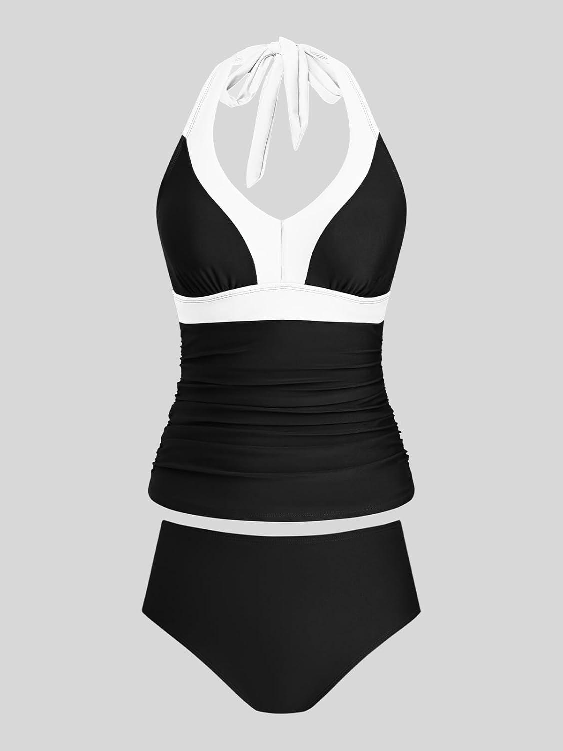 imageCUPSHE Womens Tankini Sets Halter Neck Self Tie Two Piece Swimsuit Adjustable Strappy Color Block Ruched SwimwearBlack White Colorblock