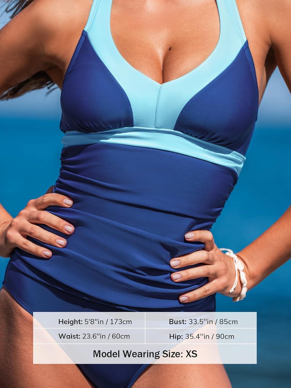 imageCUPSHE Womens Tankini Sets Halter Neck Self Tie Two Piece Swimsuit Adjustable Strappy Color Block Ruched SwimwearBlue Colorblock