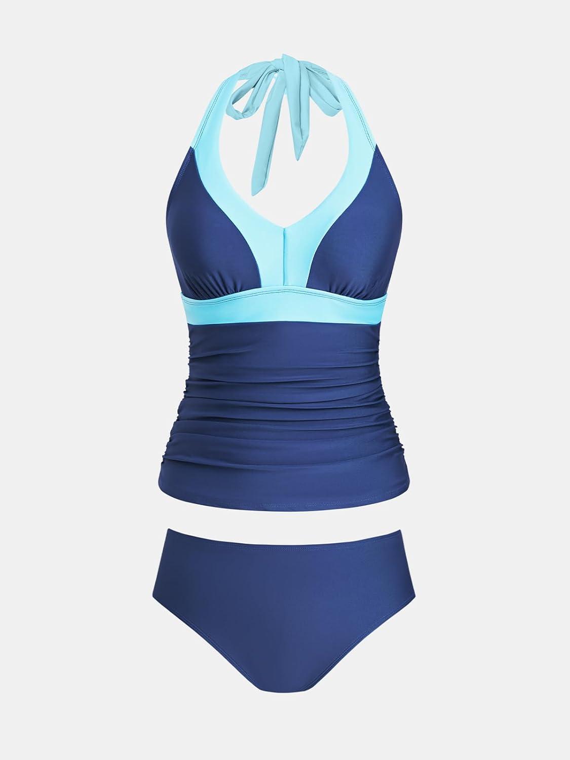 imageCUPSHE Womens Tankini Sets Halter Neck Self Tie Two Piece Swimsuit Adjustable Strappy Color Block Ruched SwimwearBlue Colorblock