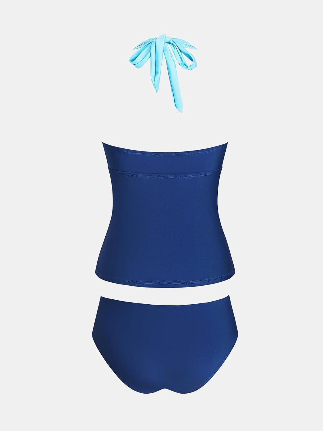 imageCUPSHE Womens Tankini Sets Halter Neck Self Tie Two Piece Swimsuit Adjustable Strappy Color Block Ruched SwimwearBlue Colorblock