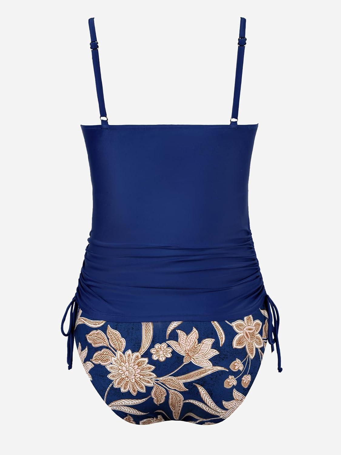 imageCUPSHE Womens Tankini Sets Maternity Two Piece Swimsuit Pregnant Adjustable Straps Side DrawstringNavy BlueFloral