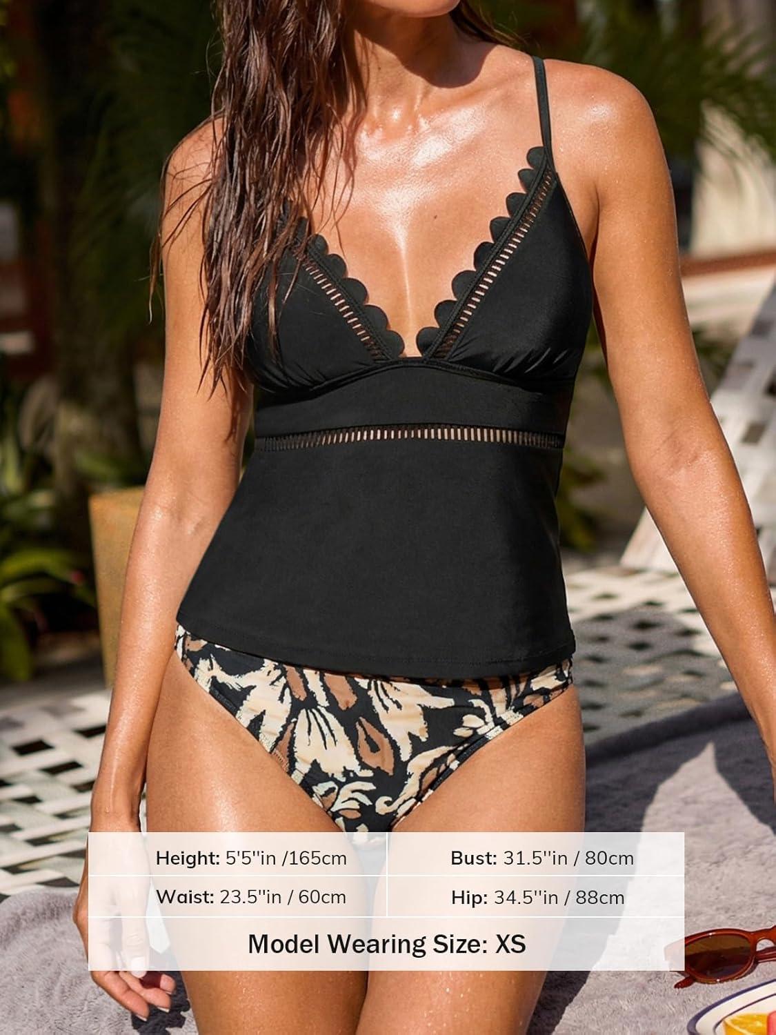 imageCUPSHE Womens Tankini Sets Scalloped V Neck Cutouts Two Piece Swimsuit Adjustable Self Tie Swimwear Mid RiseBlackTropical