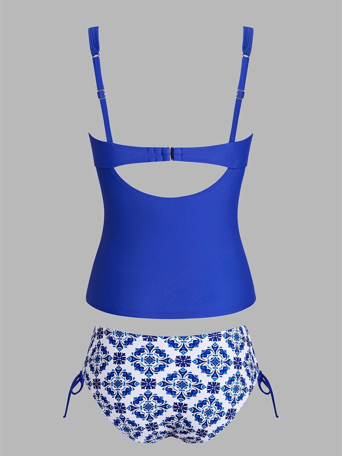 imageCUPSHE Womens Tankini Sets Square Neck Two Piece Bathing Suits Ruching Side Drawstring Adjustable Straps Back Hook SwimwearBlueBoho