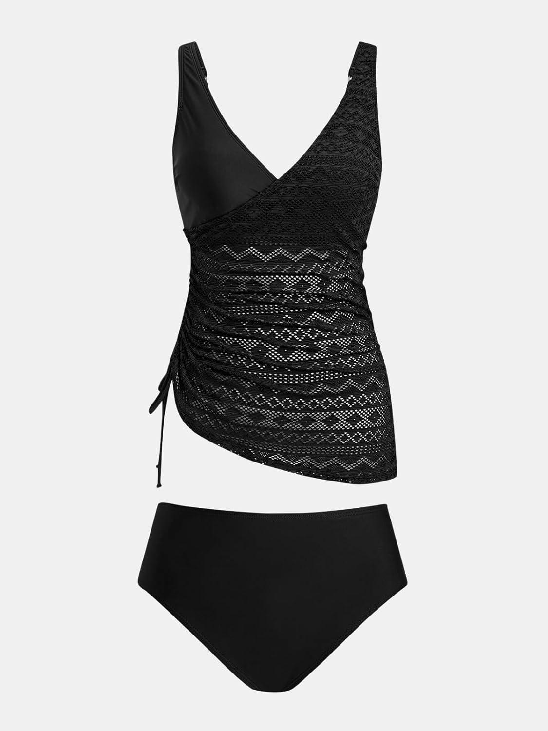 imageCUPSHE Womens Tankini Sets Surplice V Neck Two Piece Bathing Suits Adjustable Straps Cutout Swimwear DrawsrtingBlack