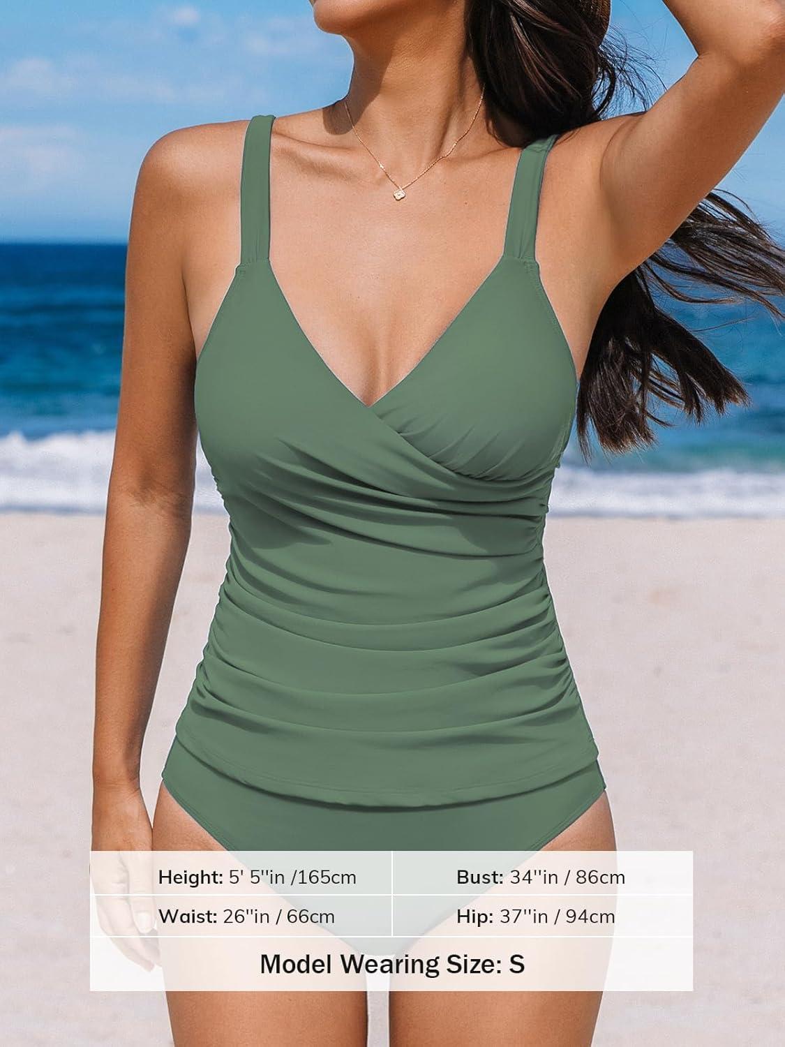 imageCUPSHE Womens Tankini Sets Surplice V Neck Two Piece Bathing Suits Adjustable Straps Shirred Mid Rise SwimwearEucalyptus Green