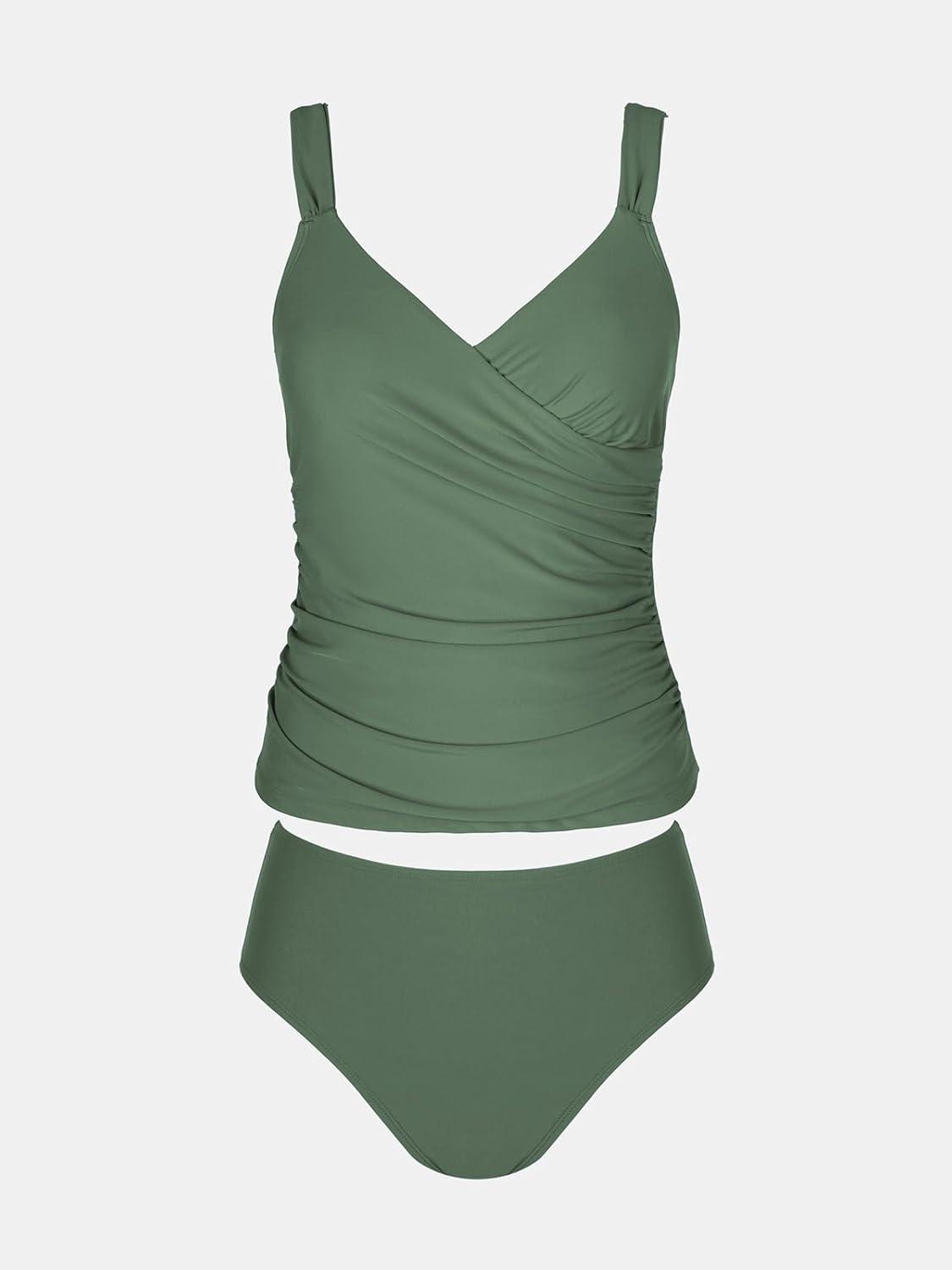 imageCUPSHE Womens Tankini Sets Surplice V Neck Two Piece Bathing Suits Adjustable Straps Shirred Mid Rise SwimwearEucalyptus Green