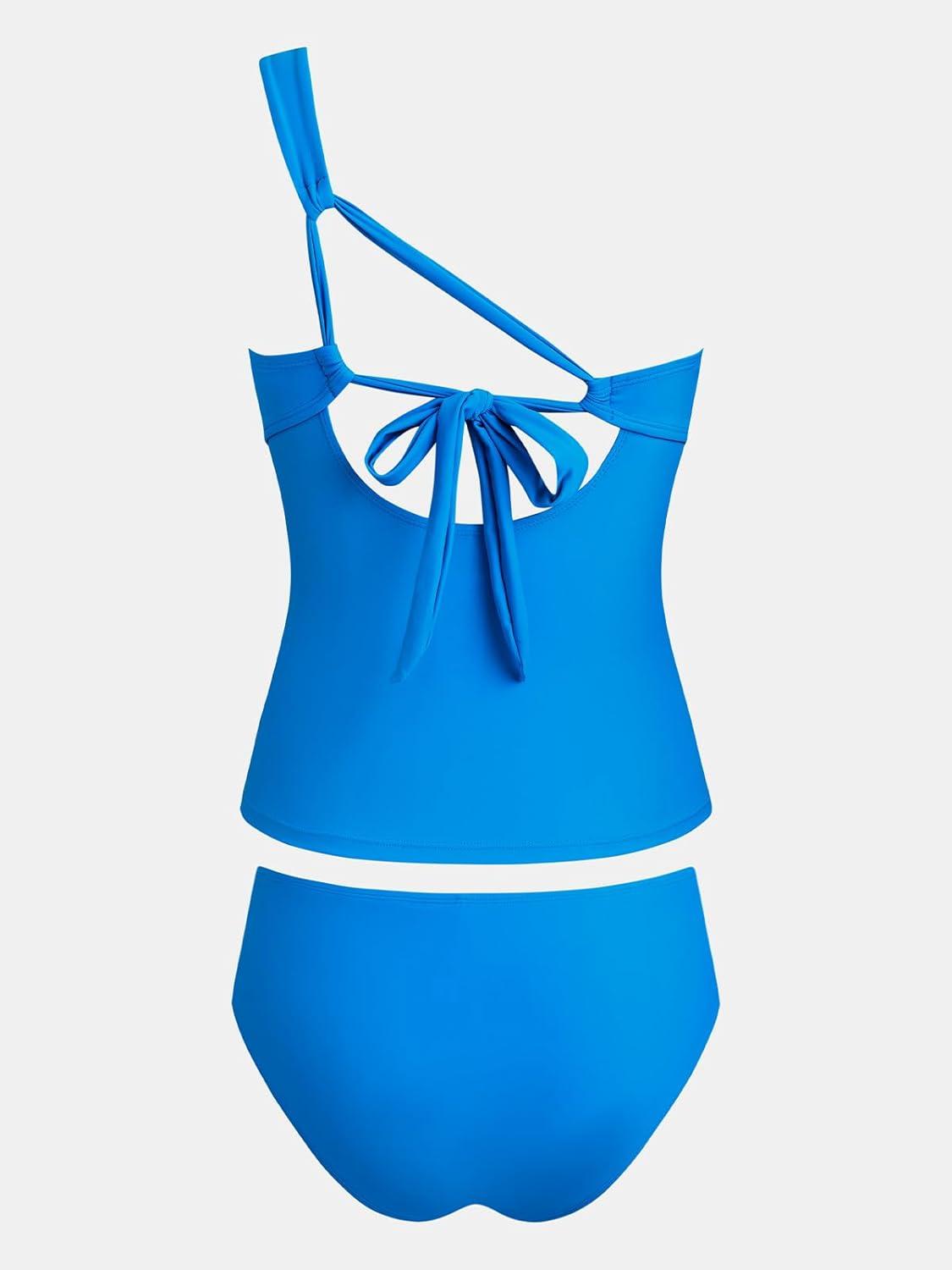 imageCUPSHE Womens Tankini Sets Two Piece Swimsuit Bathing Suits Mid Rise One Shoulder Twist Ruching Back Tie SwimwearRoyal Blue