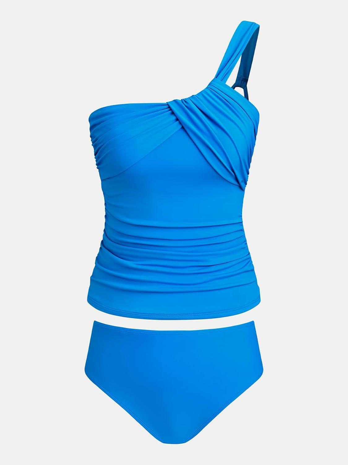 imageCUPSHE Womens Tankini Sets Two Piece Swimsuit Bathing Suits Mid Rise One Shoulder Twist Ruching Back Tie SwimwearRoyal Blue