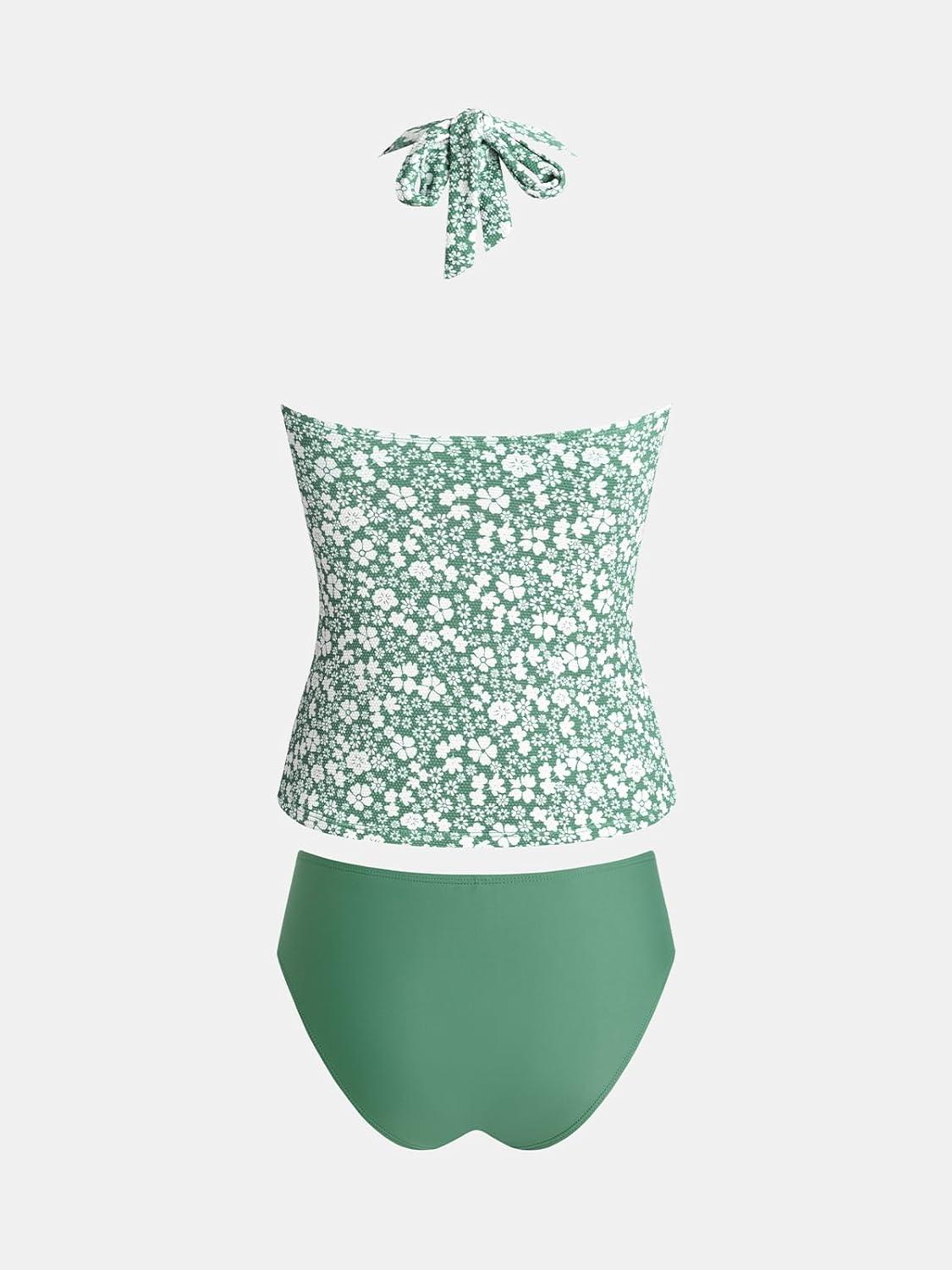imageCUPSHE Womens Tankini Sets Two Piece Swimsuit Scoop Neck U Wire Halter Bathing Suit Adjustable Wide Straps Mid RiseSage GreenFloral