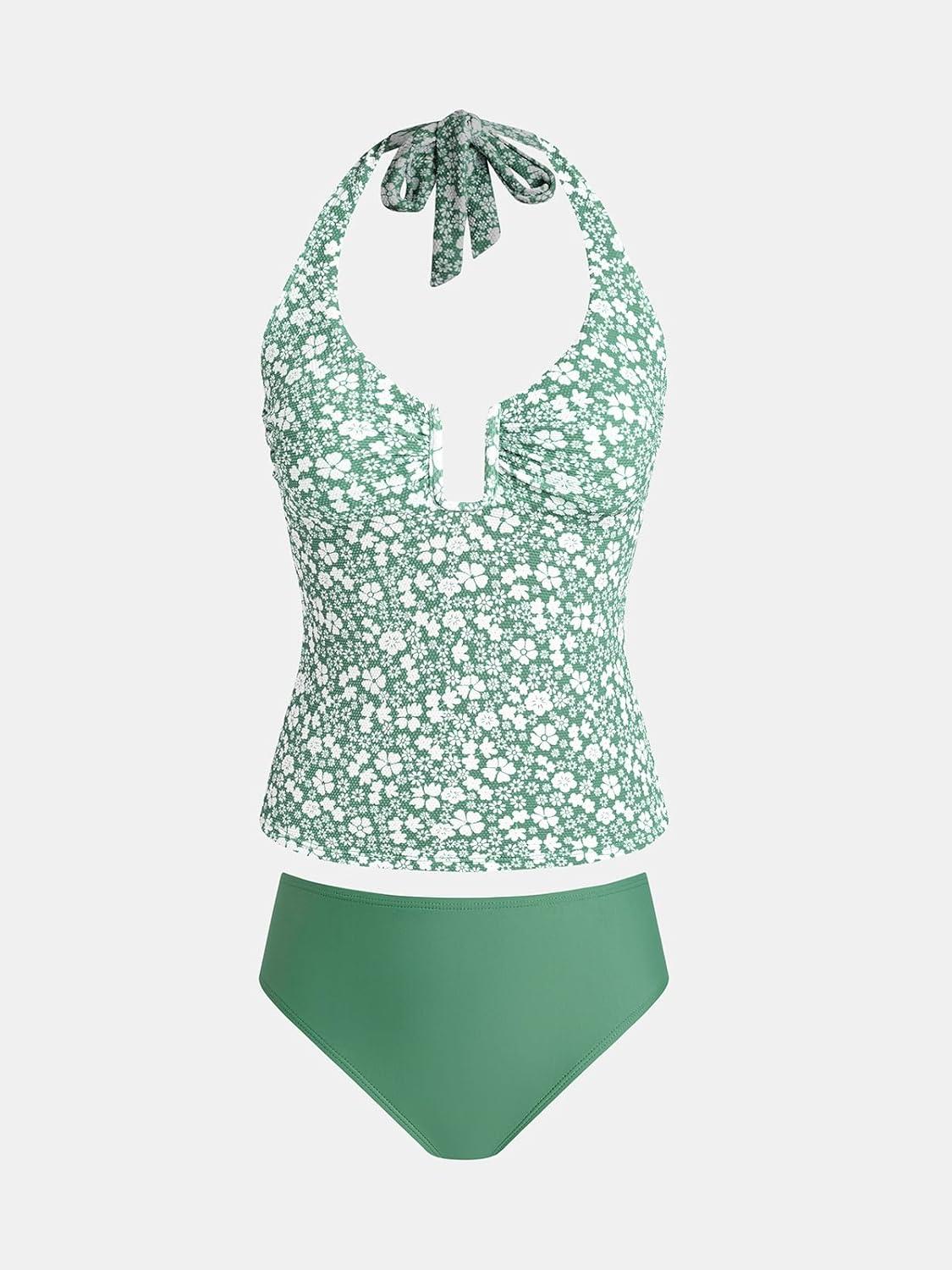 imageCUPSHE Womens Tankini Sets Two Piece Swimsuit Scoop Neck U Wire Halter Bathing Suit Adjustable Wide Straps Mid RiseSage GreenFloral