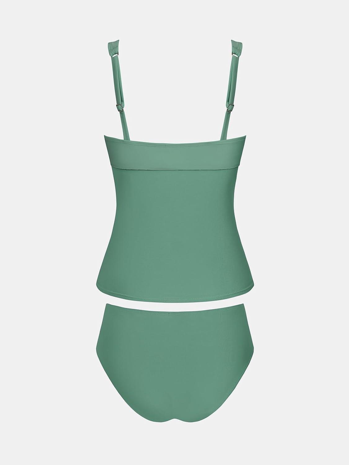 imageCUPSHE Womens Tankini Sets Two Piece Swimsuit V Neck Bathing Suit Adjustable Straps Ruched Drawstring Mid RiseSage Green