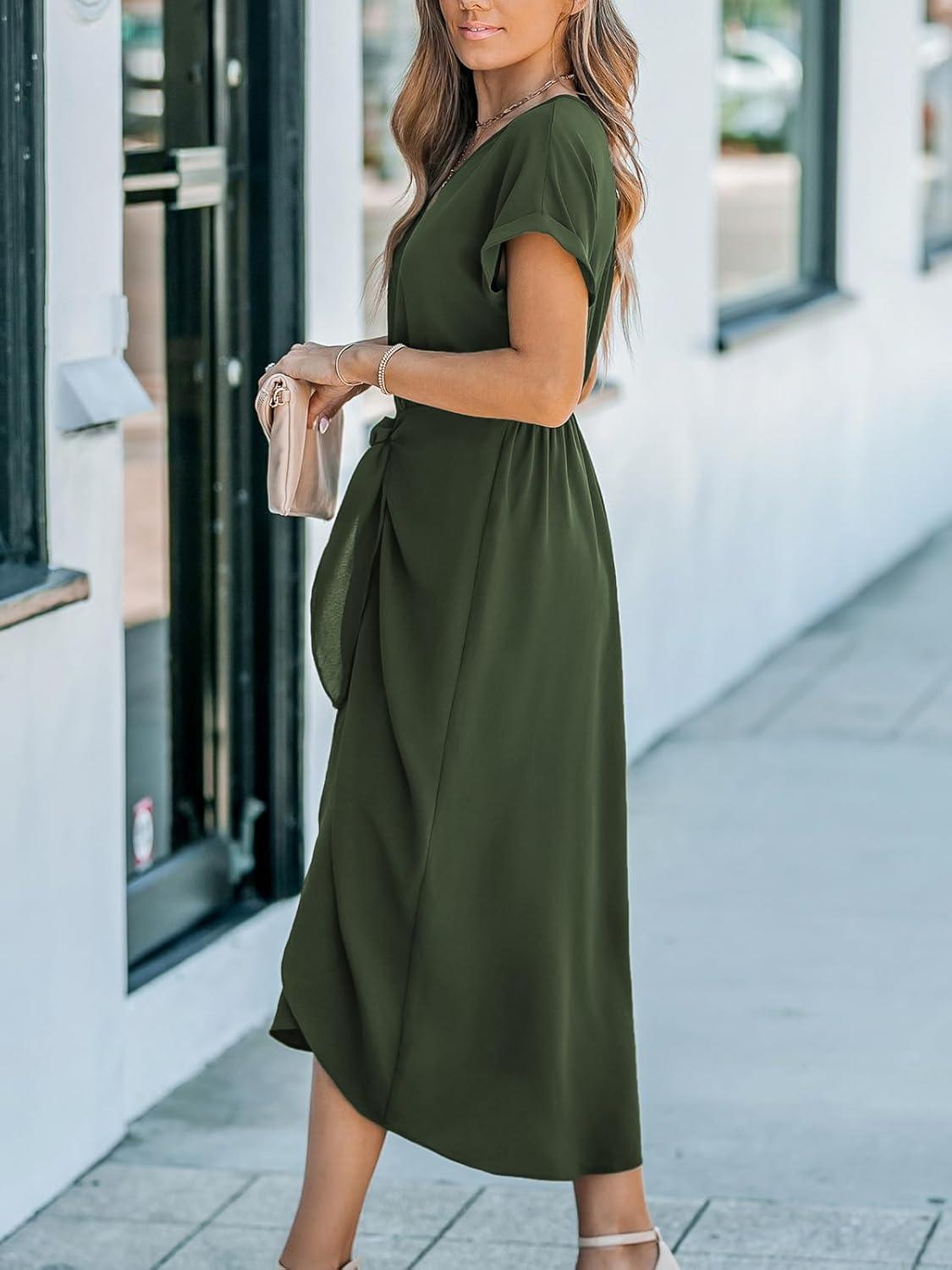 imageCUPSHE Womens V Neck Wrap Dress Twisted Slit Pleated Waist Tie Short Sleeve Summer Midi DressesArmy Green