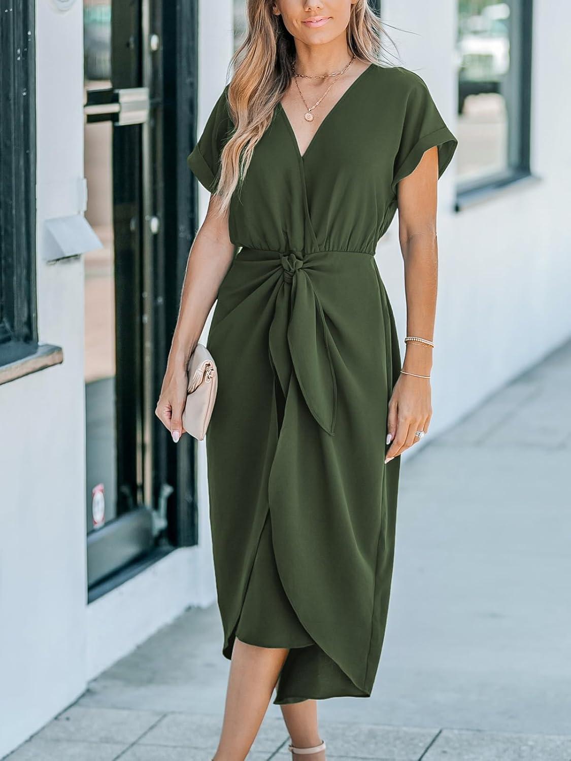 imageCUPSHE Womens V Neck Wrap Dress Twisted Slit Pleated Waist Tie Short Sleeve Summer Midi DressesArmy Green